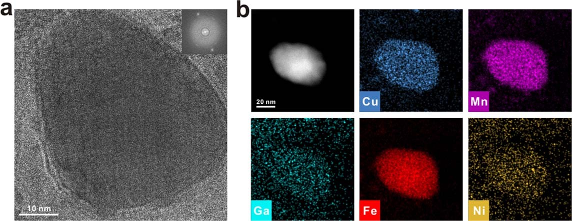 Extended Data Fig. 8: TEM characterization of an individual GaFeMnNiCu nanoparticle after in situ reaction.