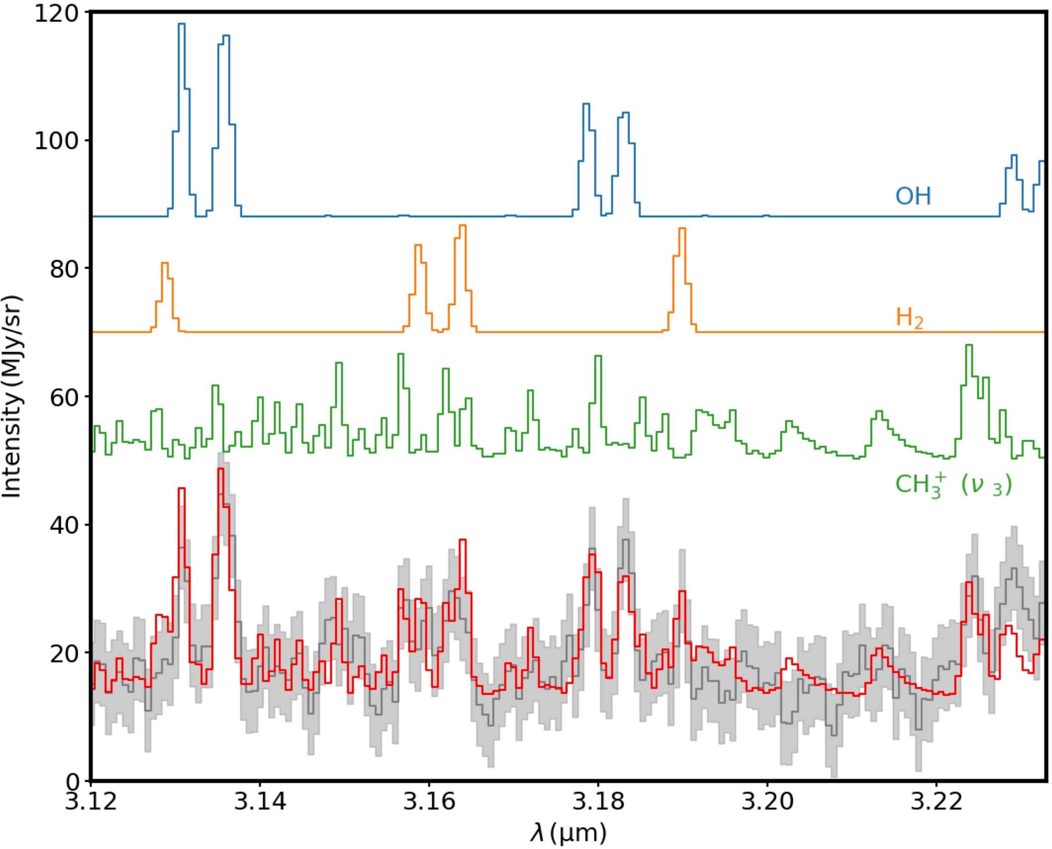 Extended Data Fig. 6: NIRSpec spectrum of d203-506. The spectrum is shown in gray, the shaded regions is the ±3 sigma error interval of the data.