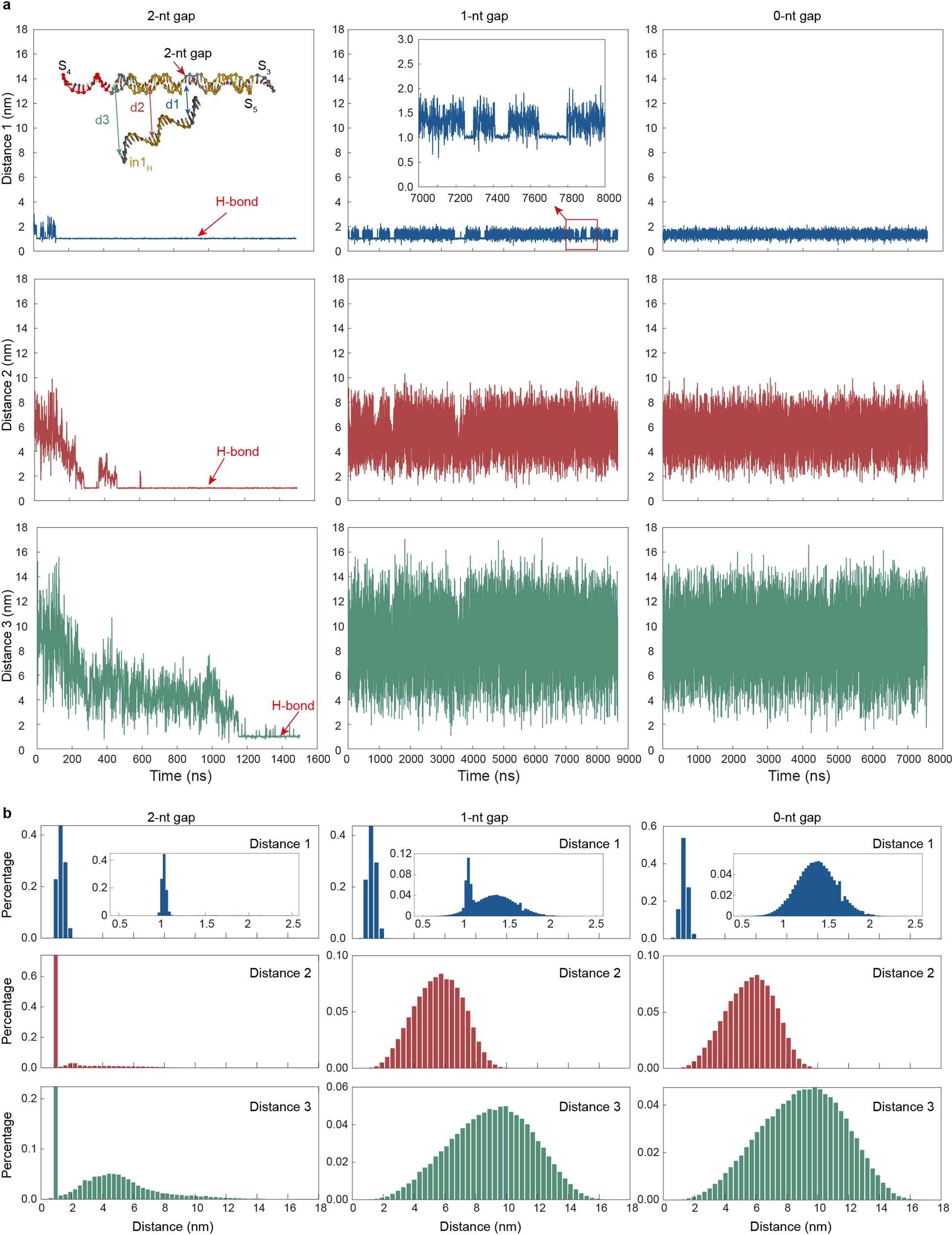 Extended Data Fig. 5: The complete simulated time trajectories (a) for Fig. 2e and distance distributions during the simulation time (b).