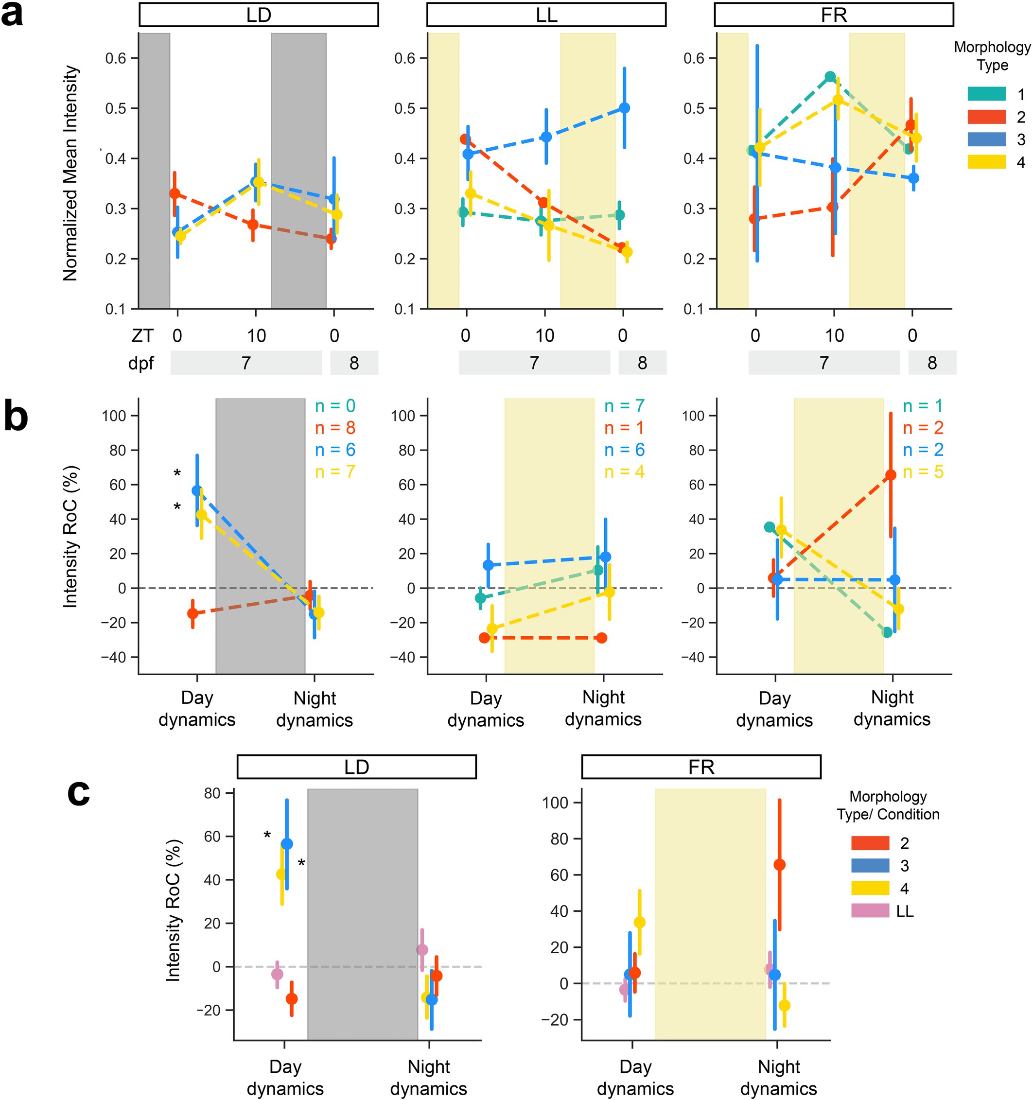 Extended Data Fig. 6: FingR(PSD95):GFP signal intensity increases during the day and decreases at night in some, but not all tectal subtypes.