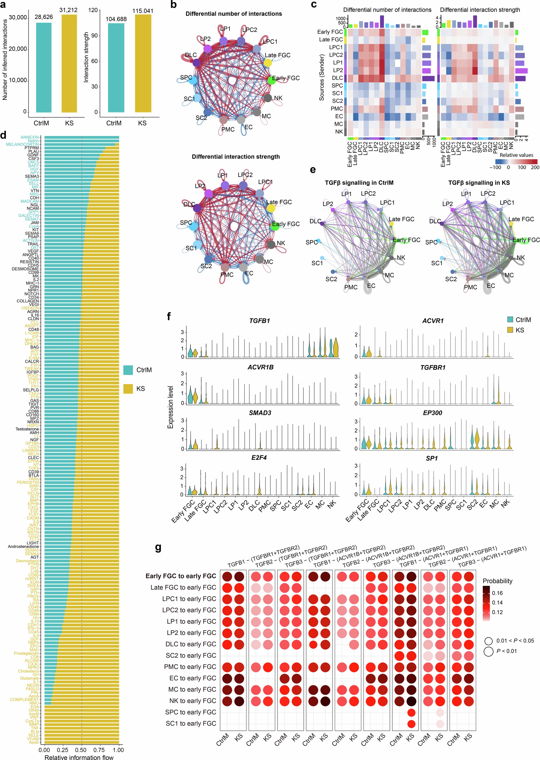 Extended Data Fig. 10: Global characteristics of aberrant cell-cell communication and dysregulated TGF-β pathway in KS fetal gonads revealed by 10× Genomics scRNA-seq.