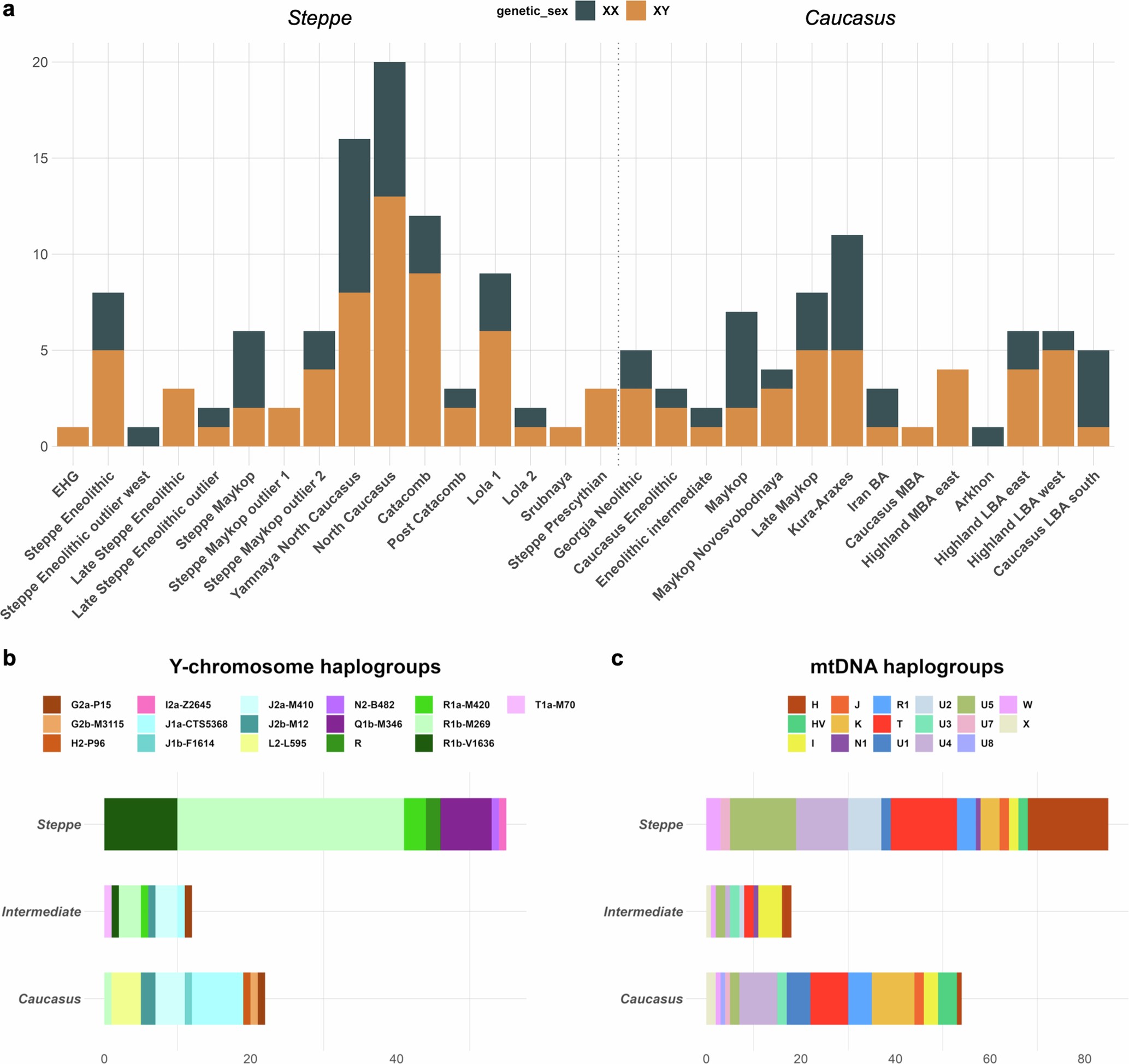 Extended Data Fig. 7: Results of genetic sex analysis and uniparentally inherited markers.