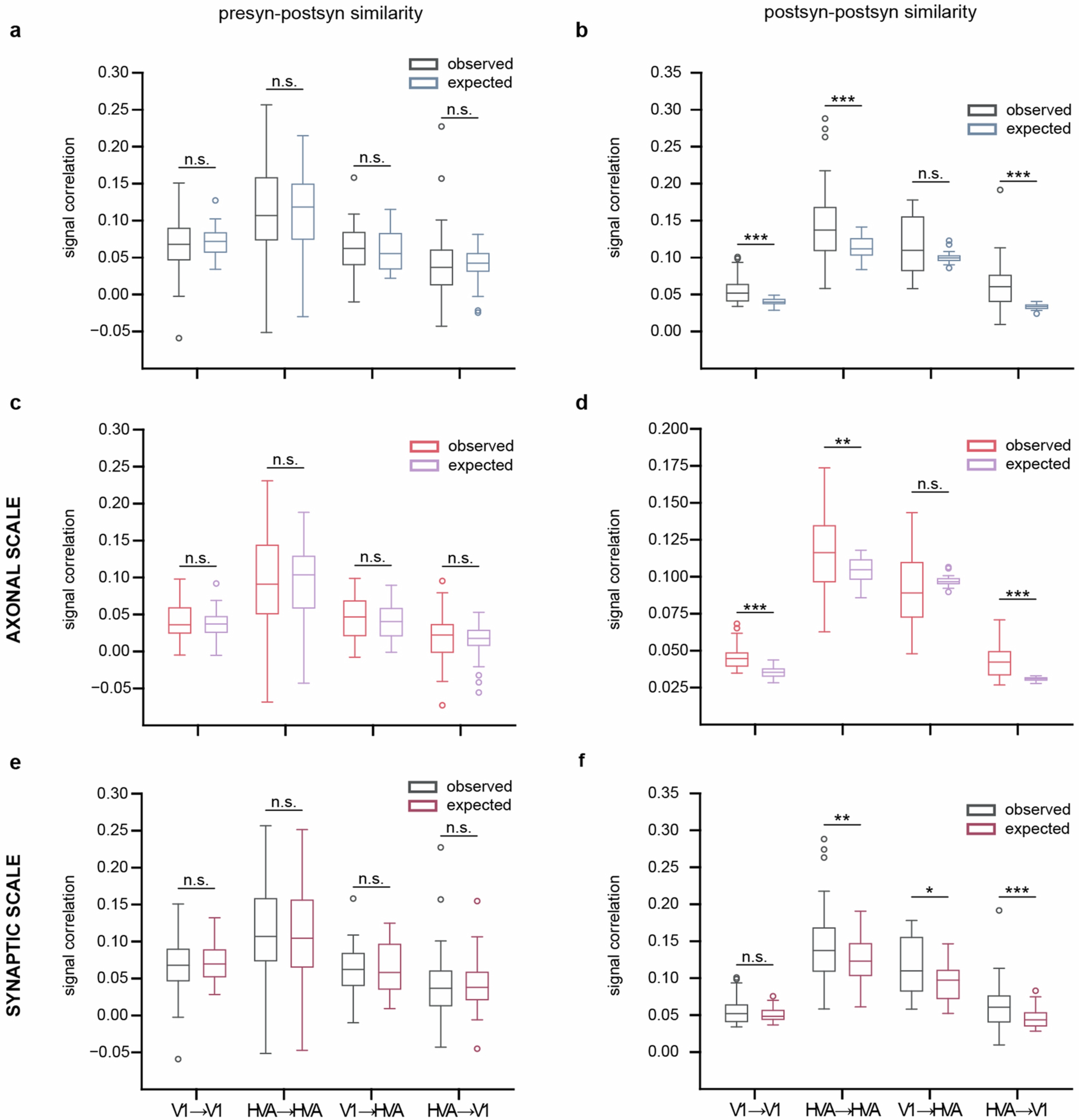 Extended Data Fig. 14: Postsynaptic neurons with a common input are more similar to each other than expected by a pairwise like-to-like rule at both axonal and synaptic scale.