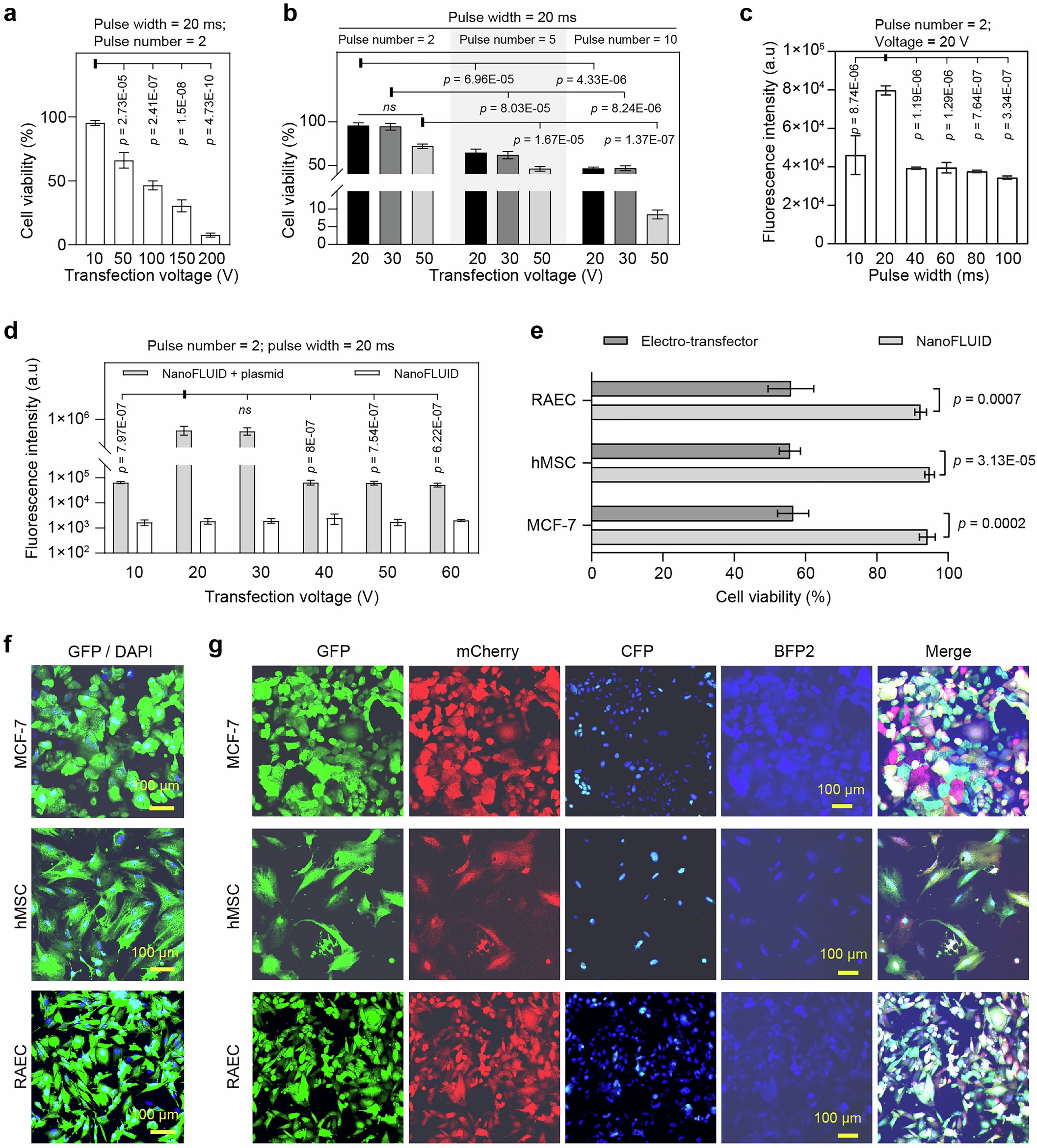 Extended Data Fig. 4: Optimization of electrical parameters for NanoFLUID-mediated in vitro transfection.