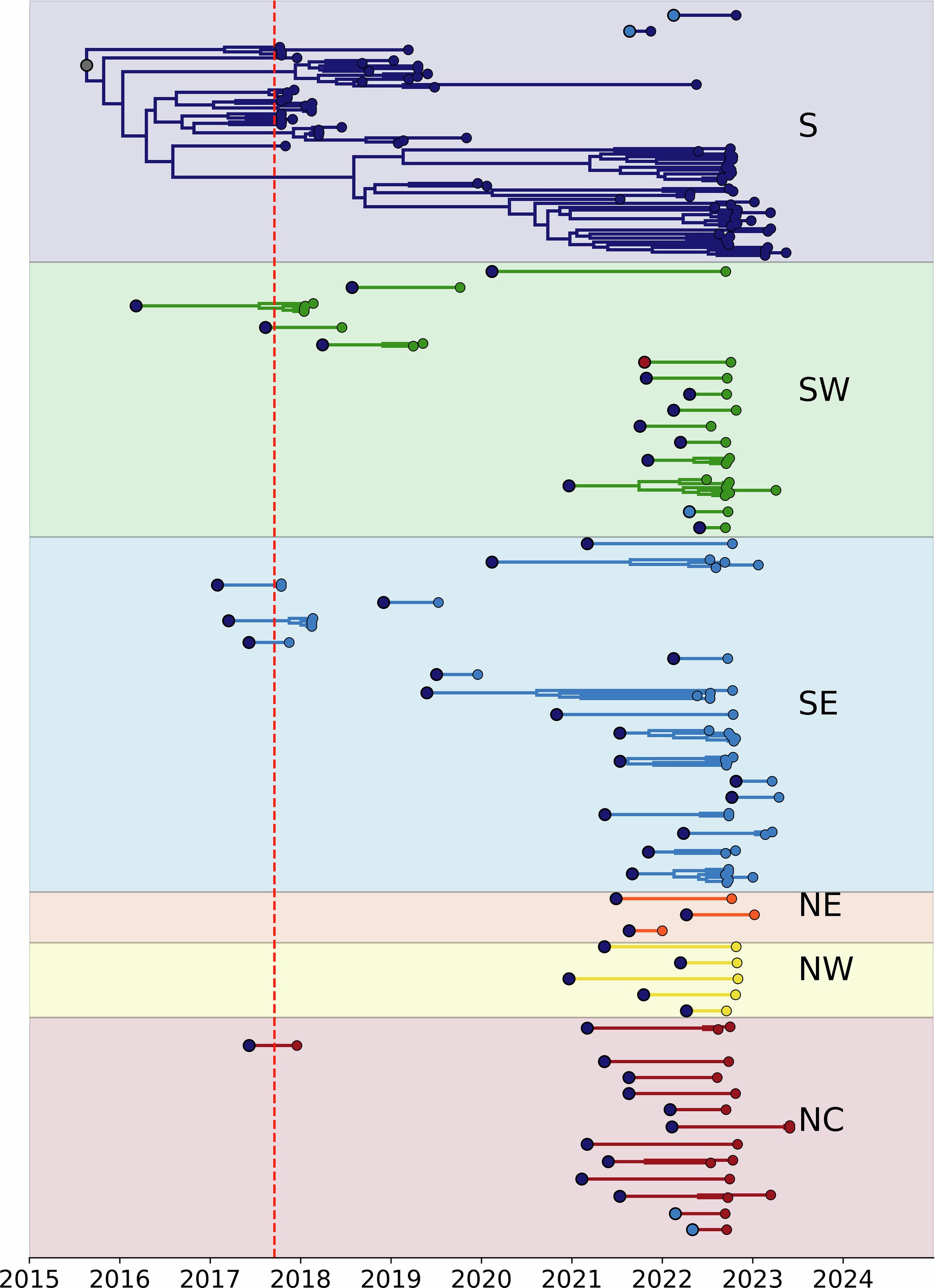 Extended Data Fig. 4: Persistence of transmission chains across all regions.