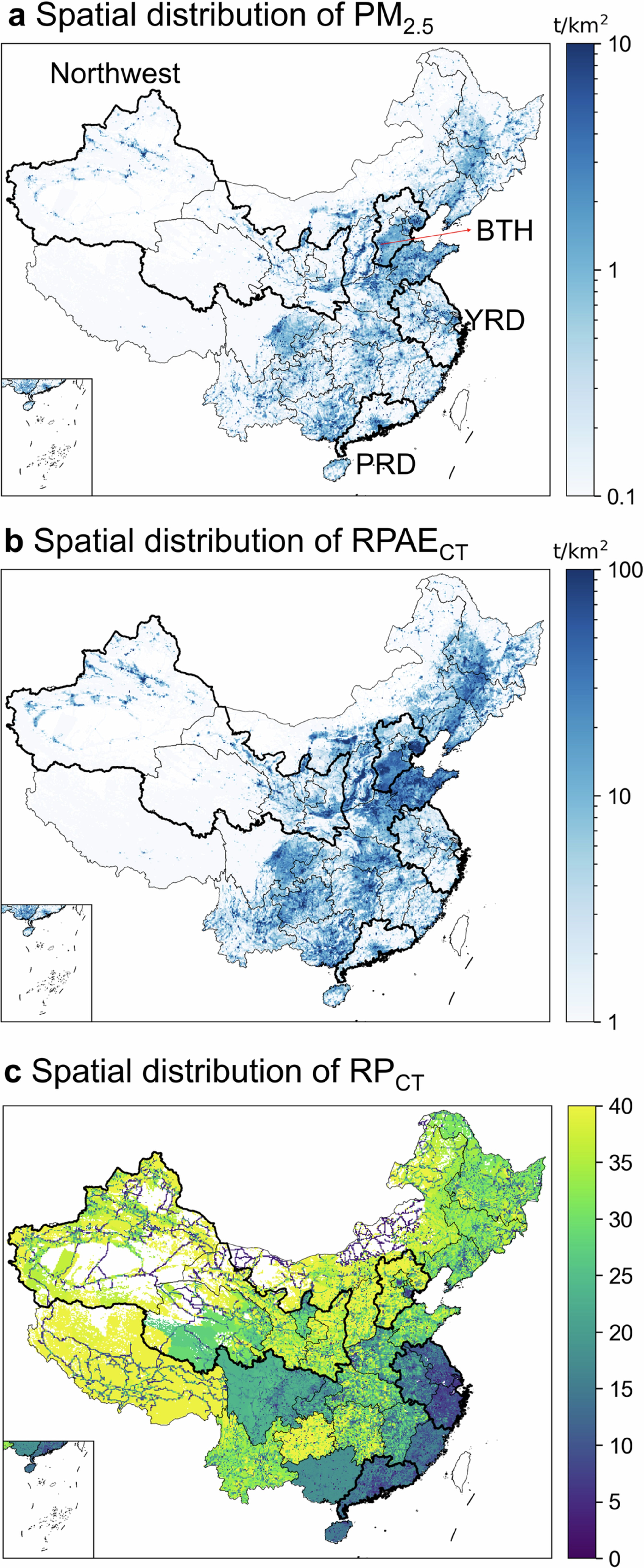 Extended Data Fig. 5: Spatial distribution of PM2.5 emissions, RPAE, and RP of PM2.5 emissions in China in 2021.