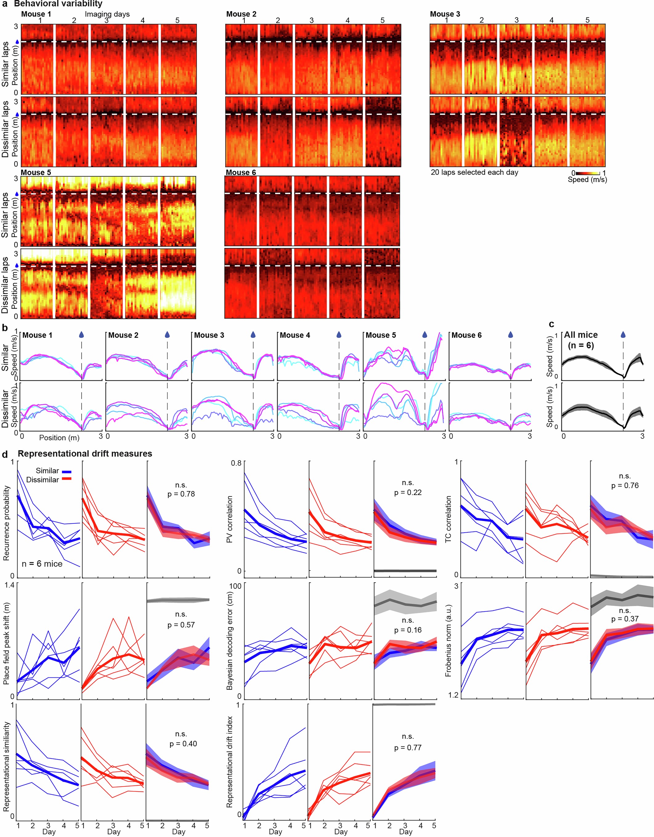 Extended Data Fig. 2: Running behavior and representational drift measurements for similar and dissimilar sets.