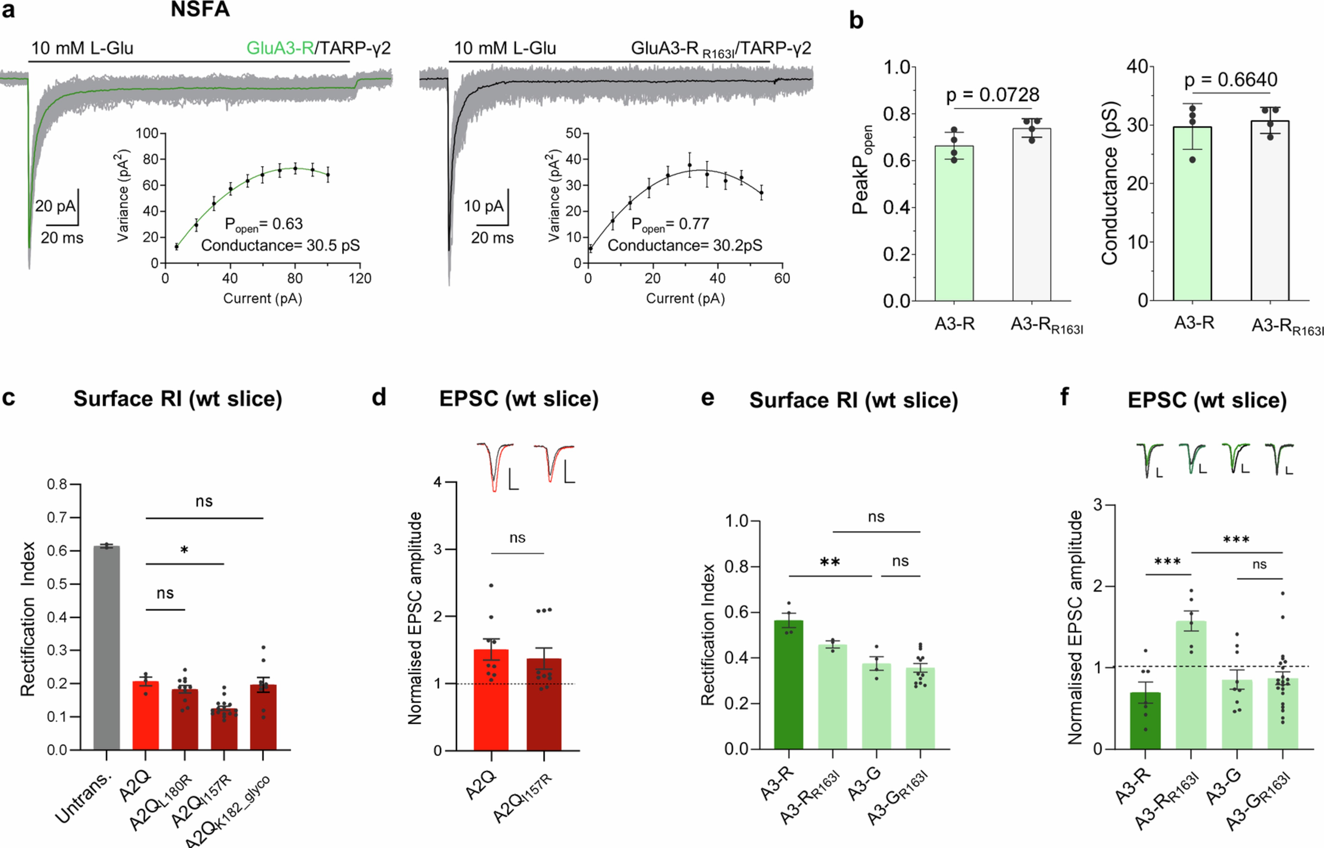 Extended Data Fig. 11: Unitary conductance and synaptic rectification properties of GluA3R163I.