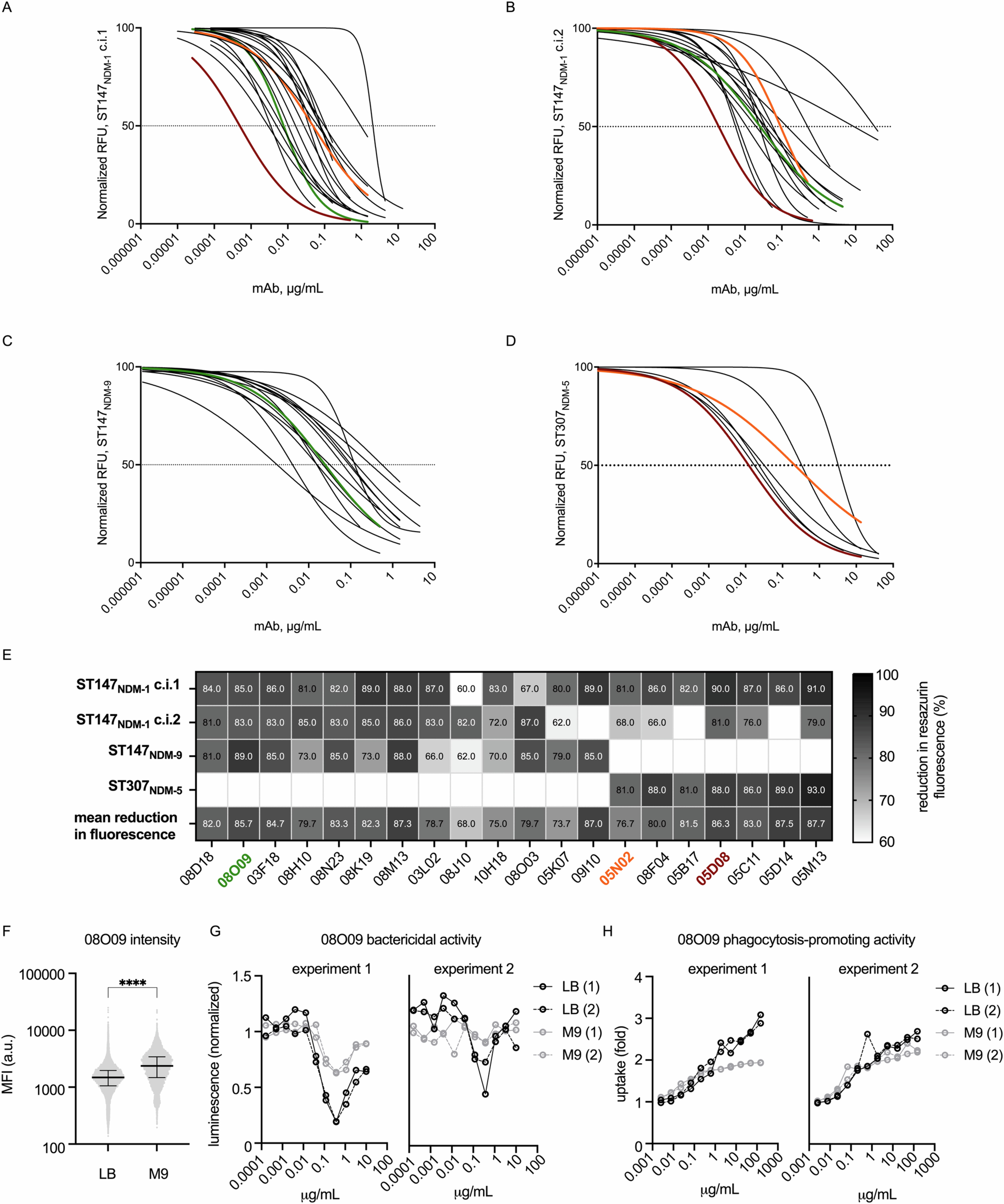 Extended Data Fig. 10: F-SBA profiling and killing efficacy of 20 functional mAbs against complement-sensitive pathogenic Kp strains and comparision of 08O09 binding levels and activity in LB vs. M9 media, related to Fig. 4.