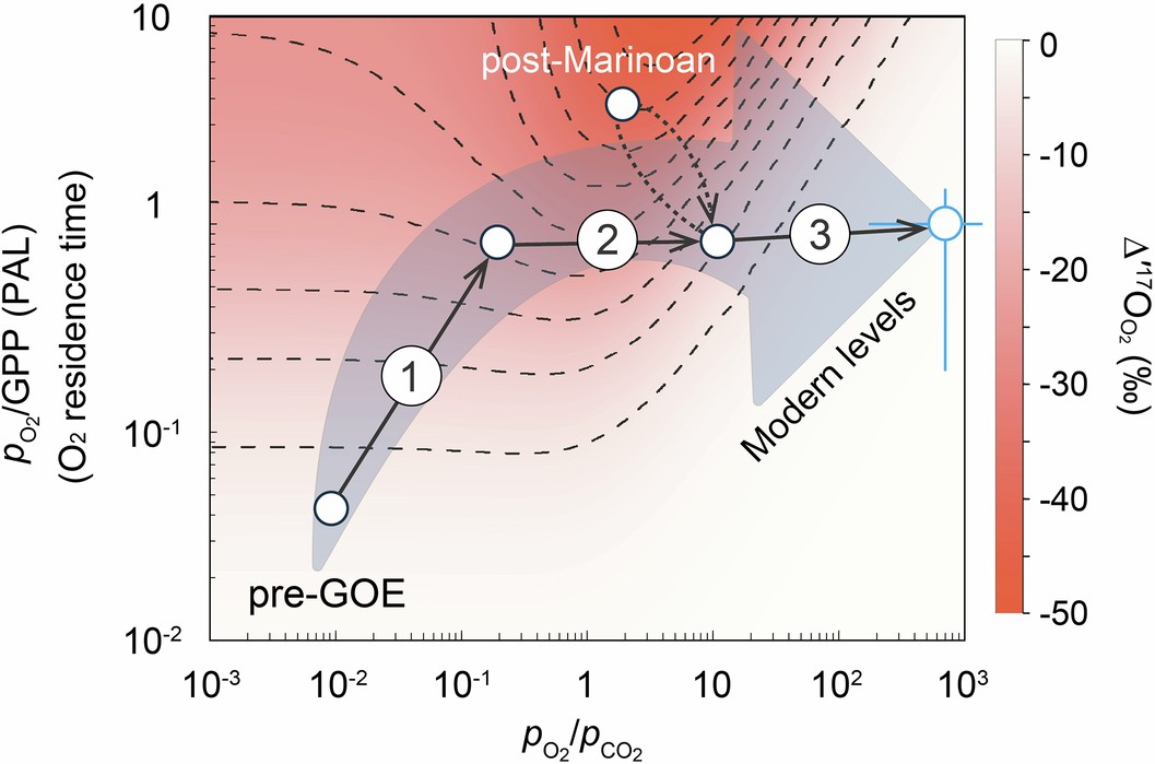 Extended Data Fig. 2: The relationship between Δ′17
                        
                          
                        
                        $${{\bf{O}}}_{{{\bf{O}}}_{{\bf{2}}}}$$
                        
                          
                            
                              O
                            
                            
                              
                                
                                  O
                                
                                
                                  2
                                
                              
                            
                          
                        
                       and 
                        
                          
                        
                        $${{\boldsymbol{p}}}_{{{\bf{O}}}_{{\bf{2}}}}/{{\boldsymbol{p}}}_{{{\bf{CO}}}_{{\bf{2}}}}$$
                        
                          
                            
                              p
                            
                            
                              
                                
                                  O
                                
                                
                                  2
                                
                              
                            
                          
                          /
                          
                            
                              p
                            
                            
                              
                                
                                  CO
                                
                                
                                  2
                                
                              
                            
                          
                        
                      , as well as 
                        
                          
                        
                        $${{\boldsymbol{p}}}_{{{\bf{O}}}_{{\bf{2}}}}$$
                        
                          
                            
                              p
                            
                            
                              
                                
                                  O
                                
                                
                                  2
                                
                              
                            
                          
                        
                      /GPP, at steady state19.