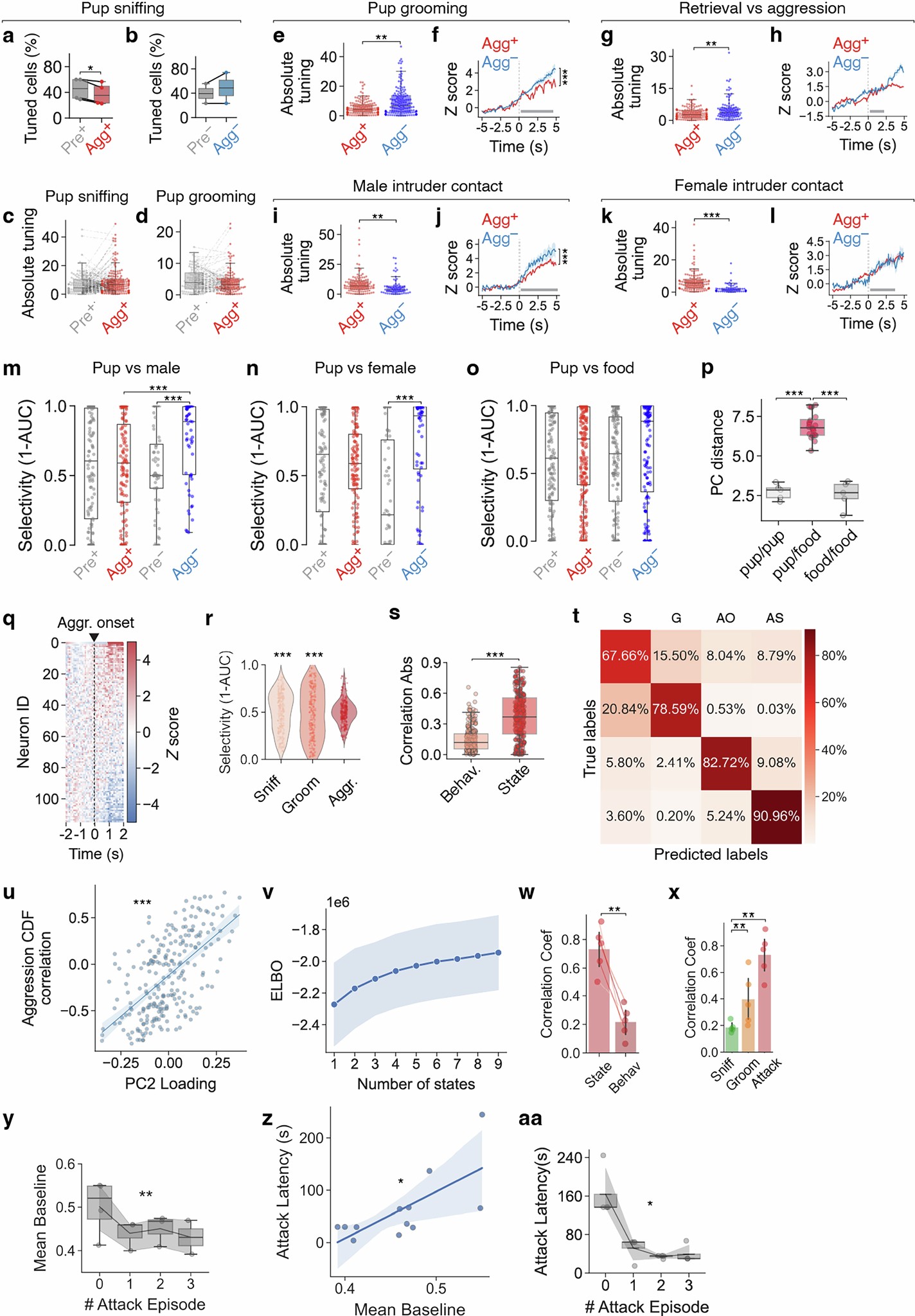 Extended Data Fig. 9: MPOA neuronal responses to pup stimuli in Agg– mice, and aggression state encoding in the MPOA.
