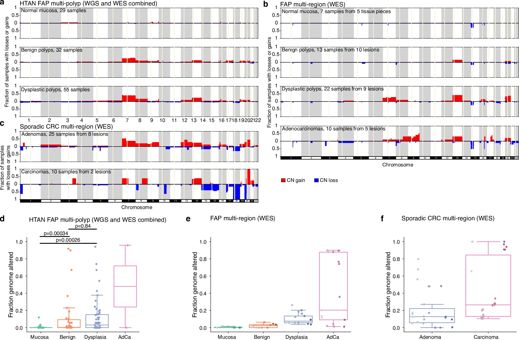 Extended Data Fig. 3: Landscape of somatic copy-number alterations in FAP lesions and sporadic colorectal tumors.