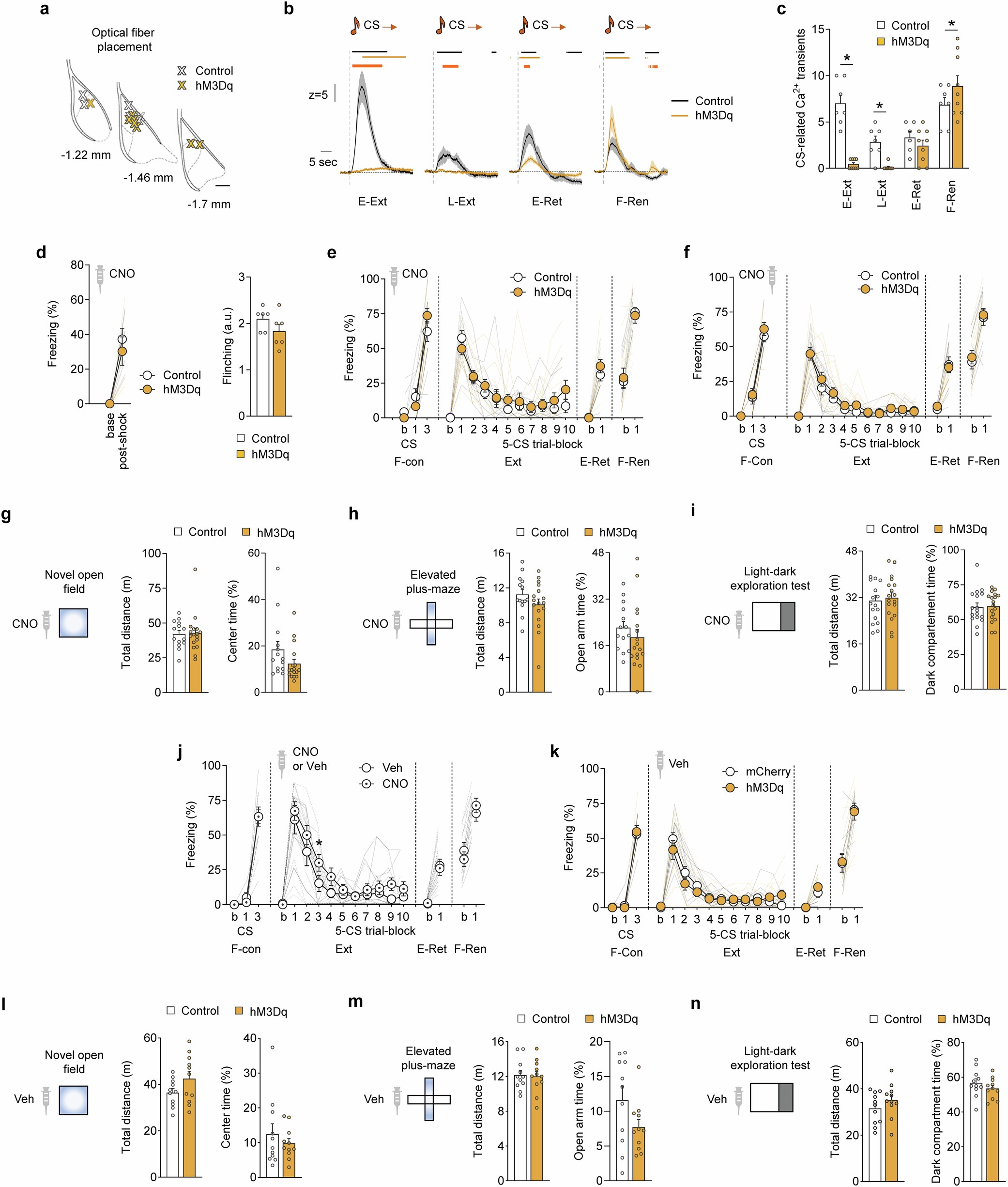 Extended Data Fig. 7: Behavioural effects of chemogenetic manipulation of astrocyte Ca2+ via hM3Dq-actuation.