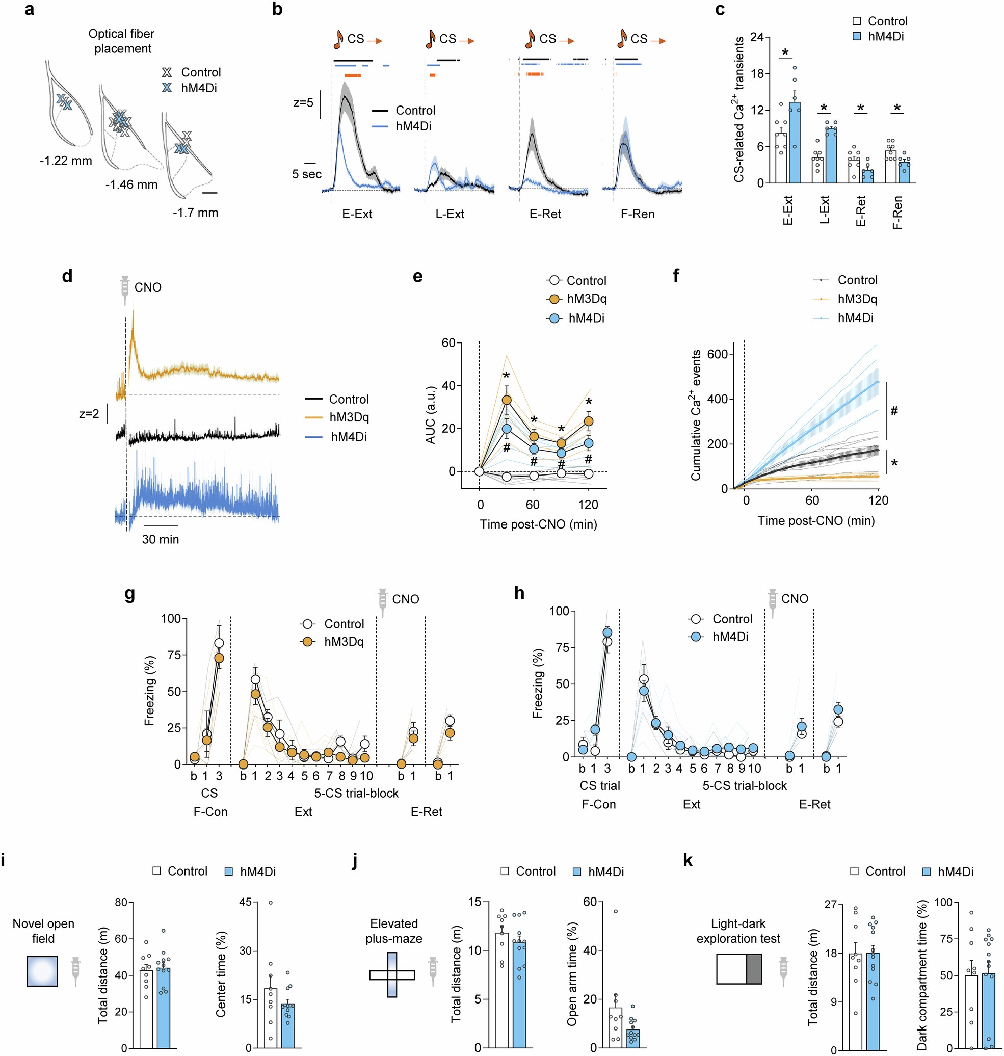 Extended Data Fig. 8: Chemogenetic manipulation of astrocyte Ca2+ via hM4Di-actuation.