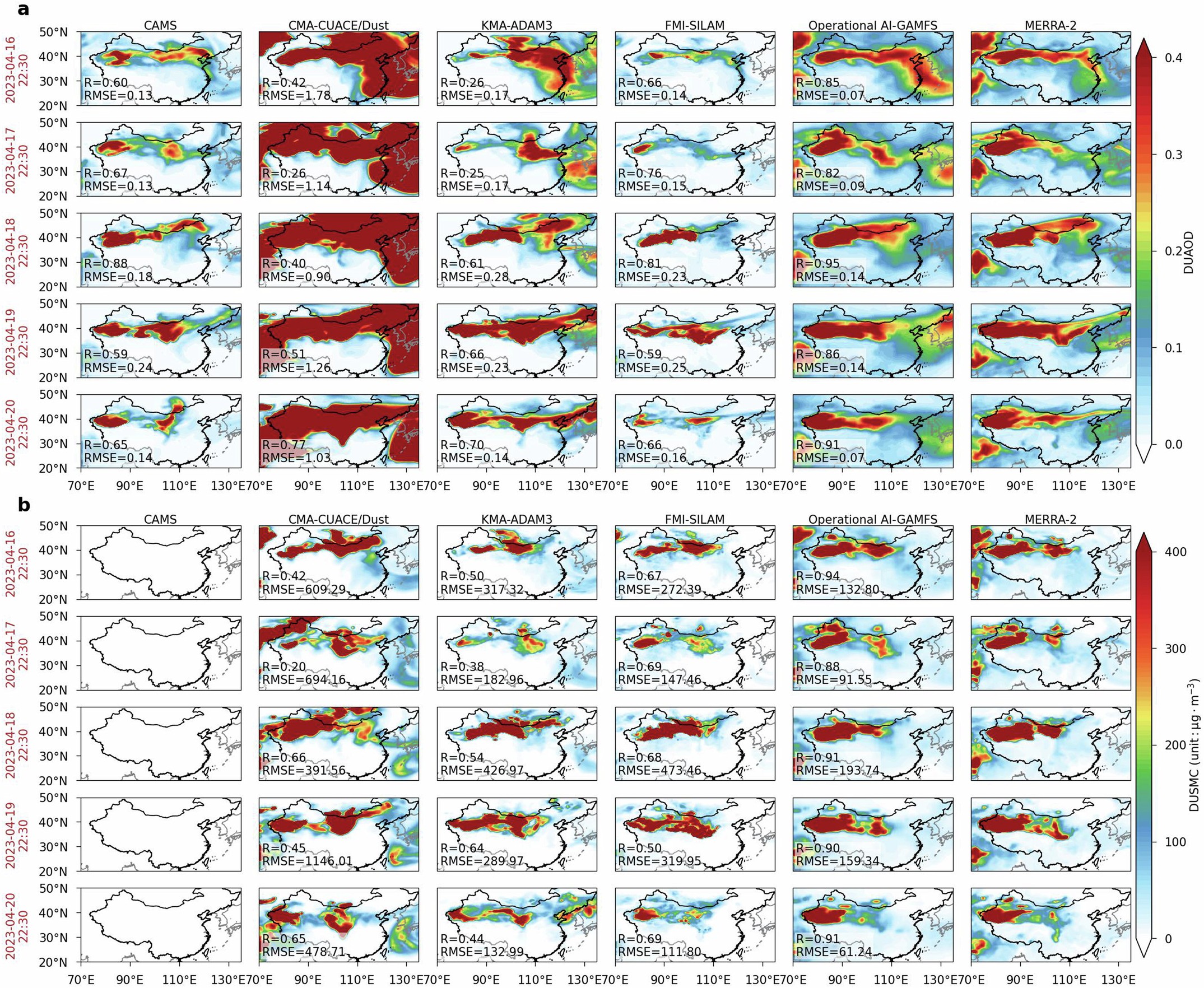 Extended Data Fig. 5: Case study of a mega dust storm event in northern China during April 16–20, 2023.