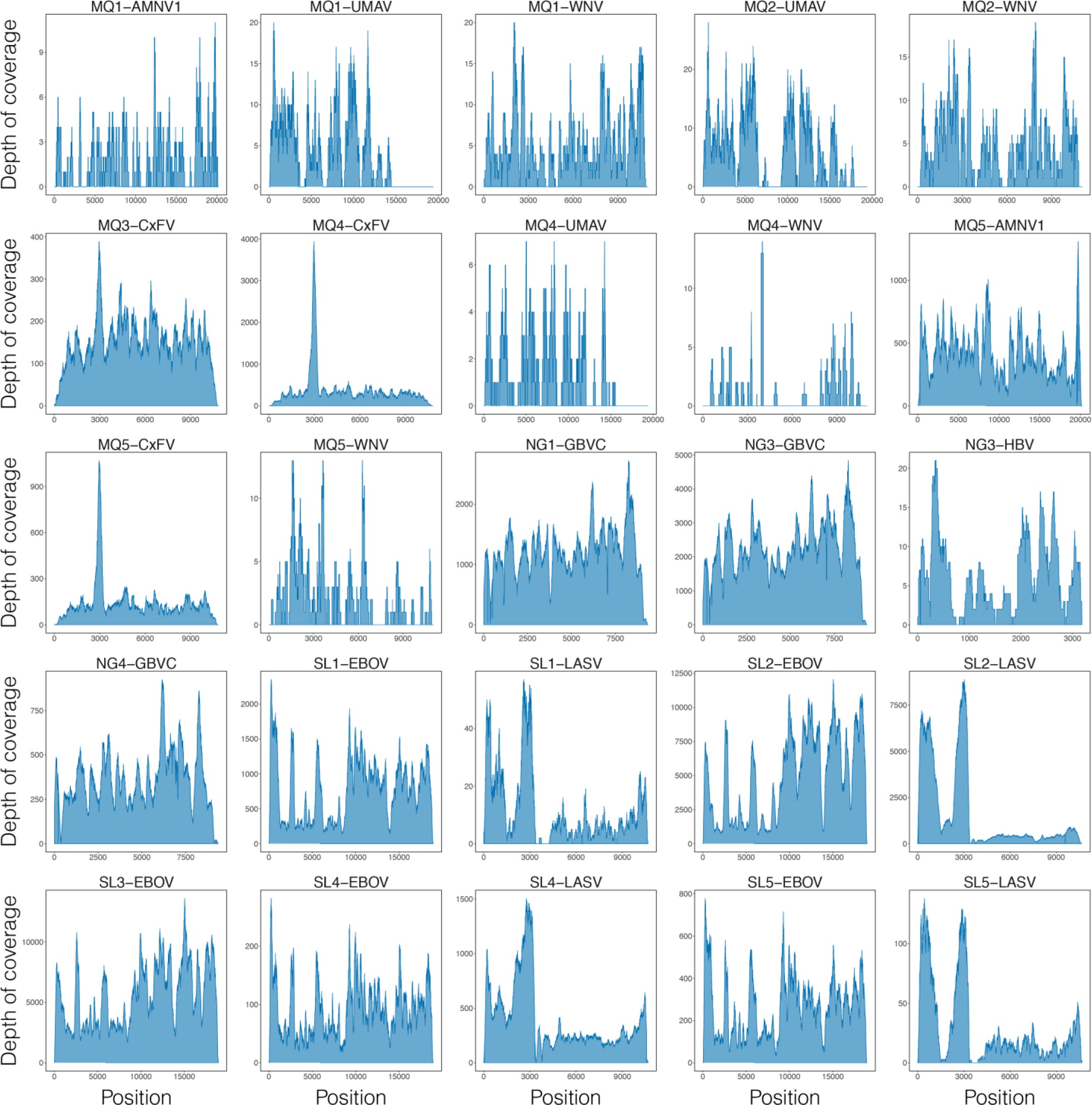 Supplementary Figure 11: Depth of coverage observed for viral species detected in uncharacterized samples.