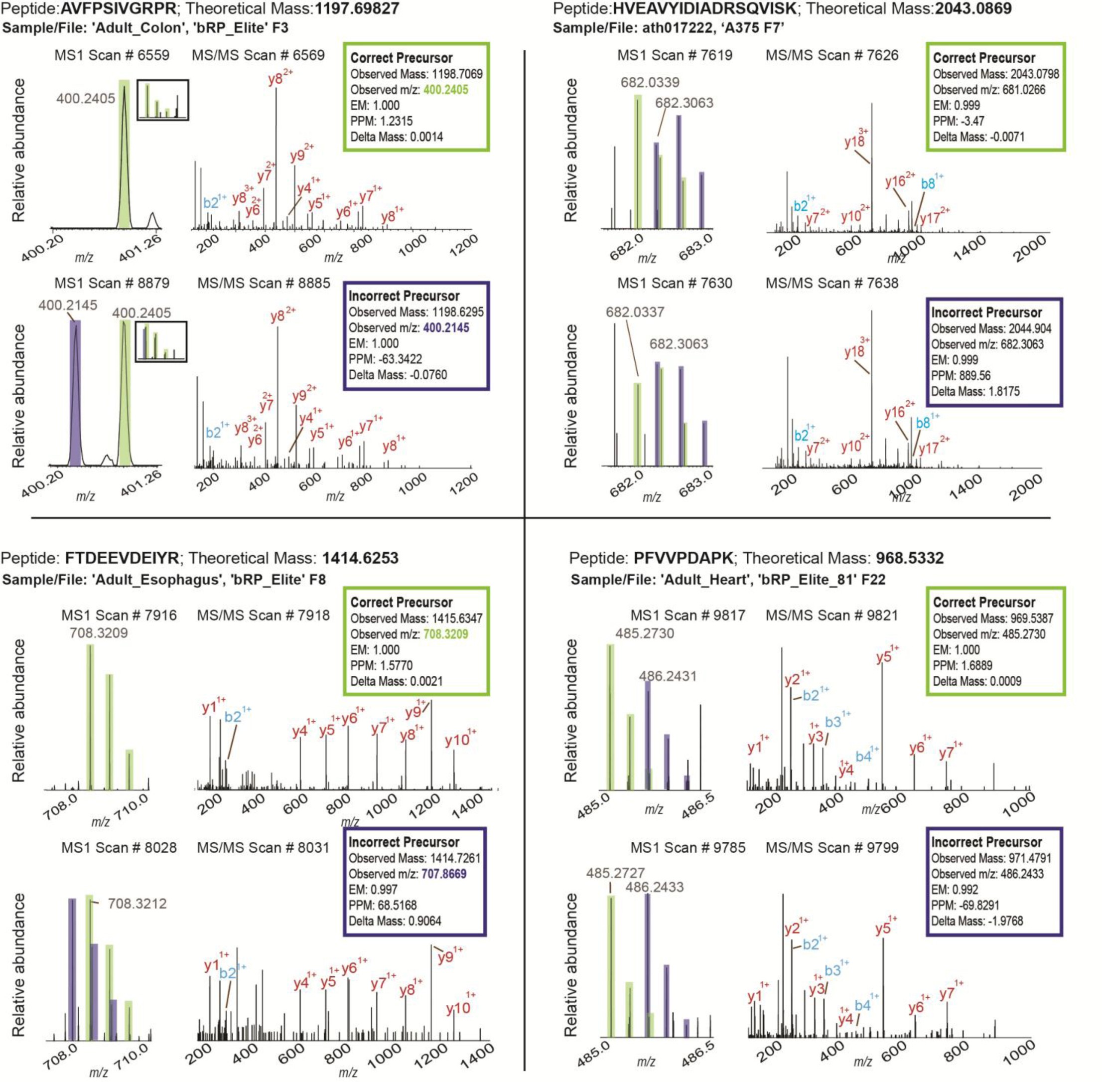 Supplementary Figure 9: Examples of high-scoring peptide-spectrum matches with deviant monoisotopic mass assignments rescued by TagGraph.