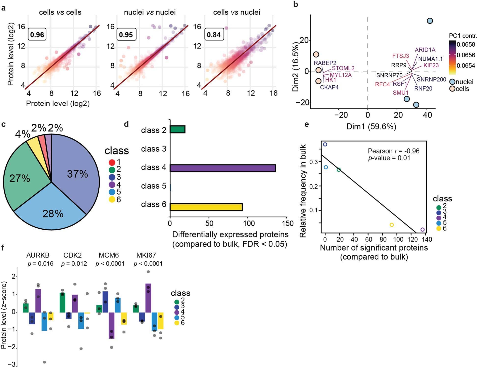 Extended Data Fig. 2: PCA and loadings of cell culture classes at sub-cellular level and number of significantly changed proteins vs. class abundance.