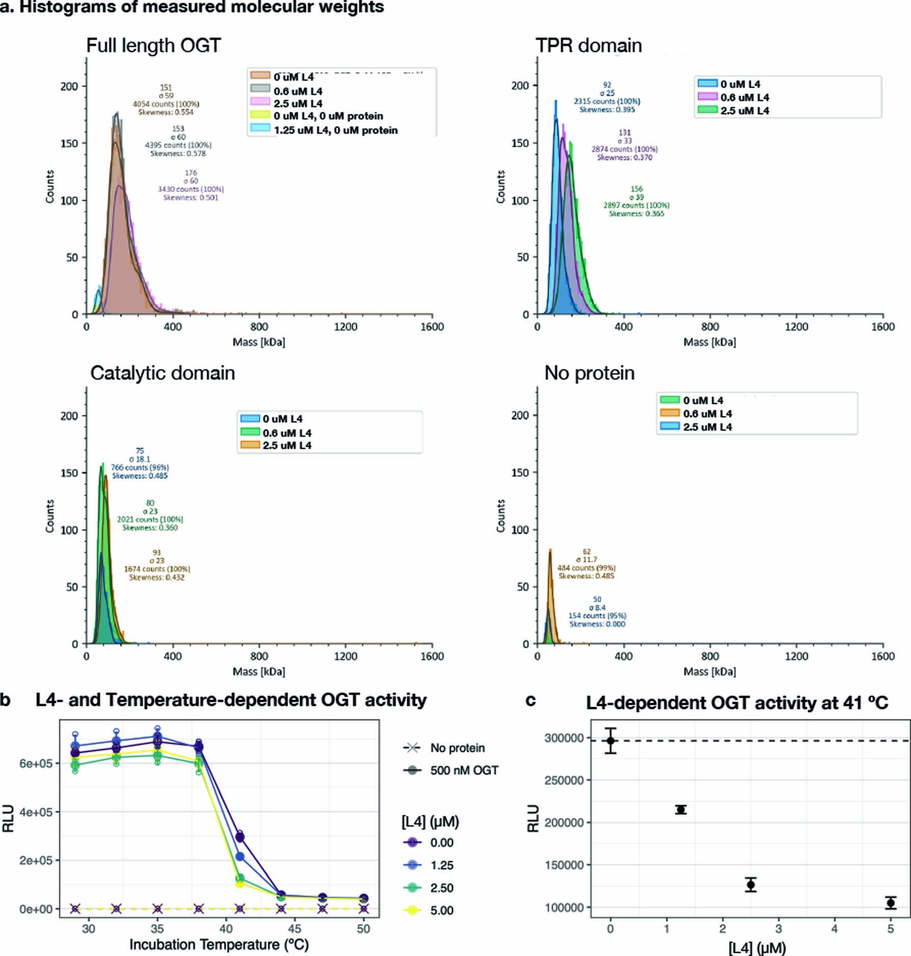 Extended Data Fig. 8: OGT oligomerization state is not affected by L4, but L4 treatment increases the temperature sensitivity of OGT catalytic activity.