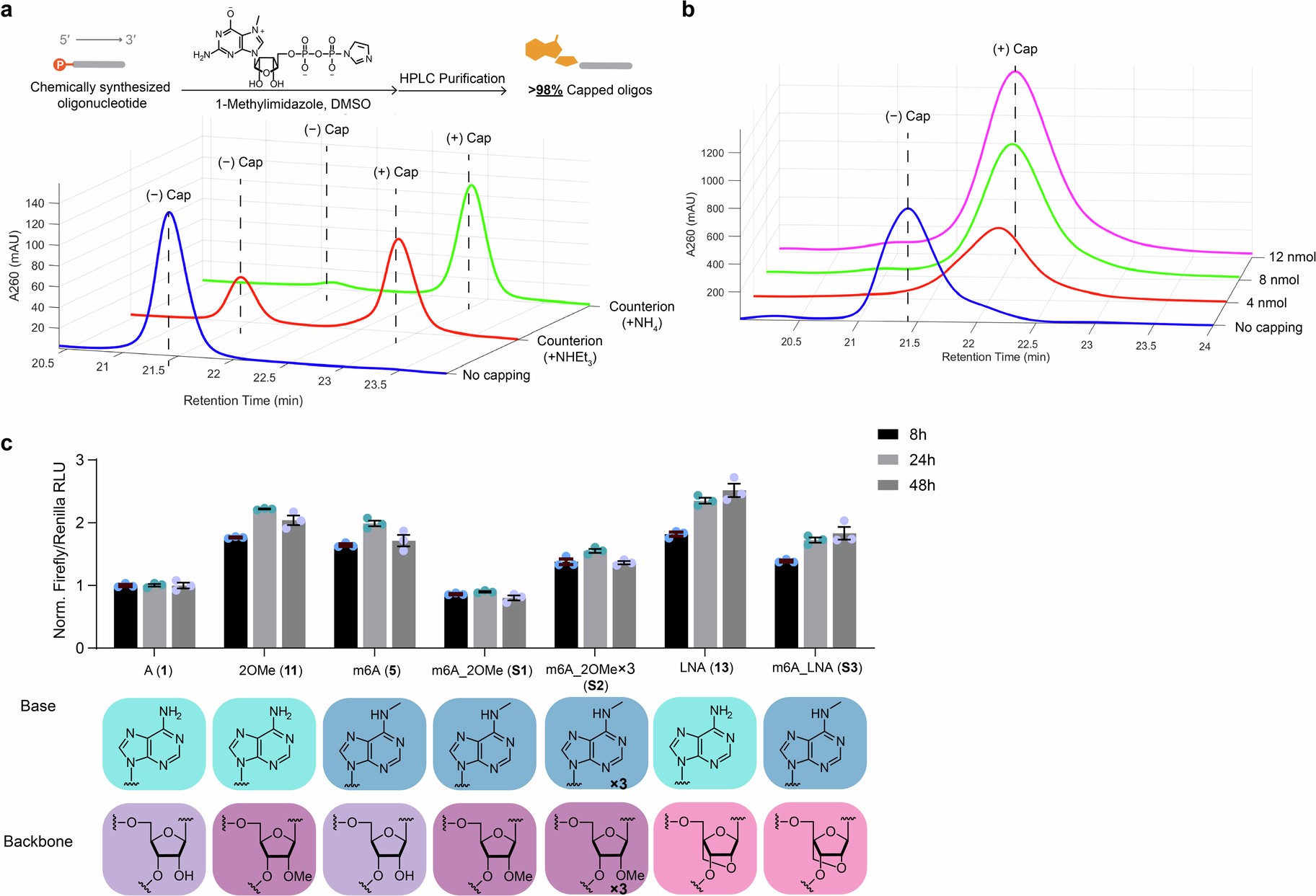 Extended Data Fig. 1: Synthesis and purification of fully capped synthetic oligonucleotides.