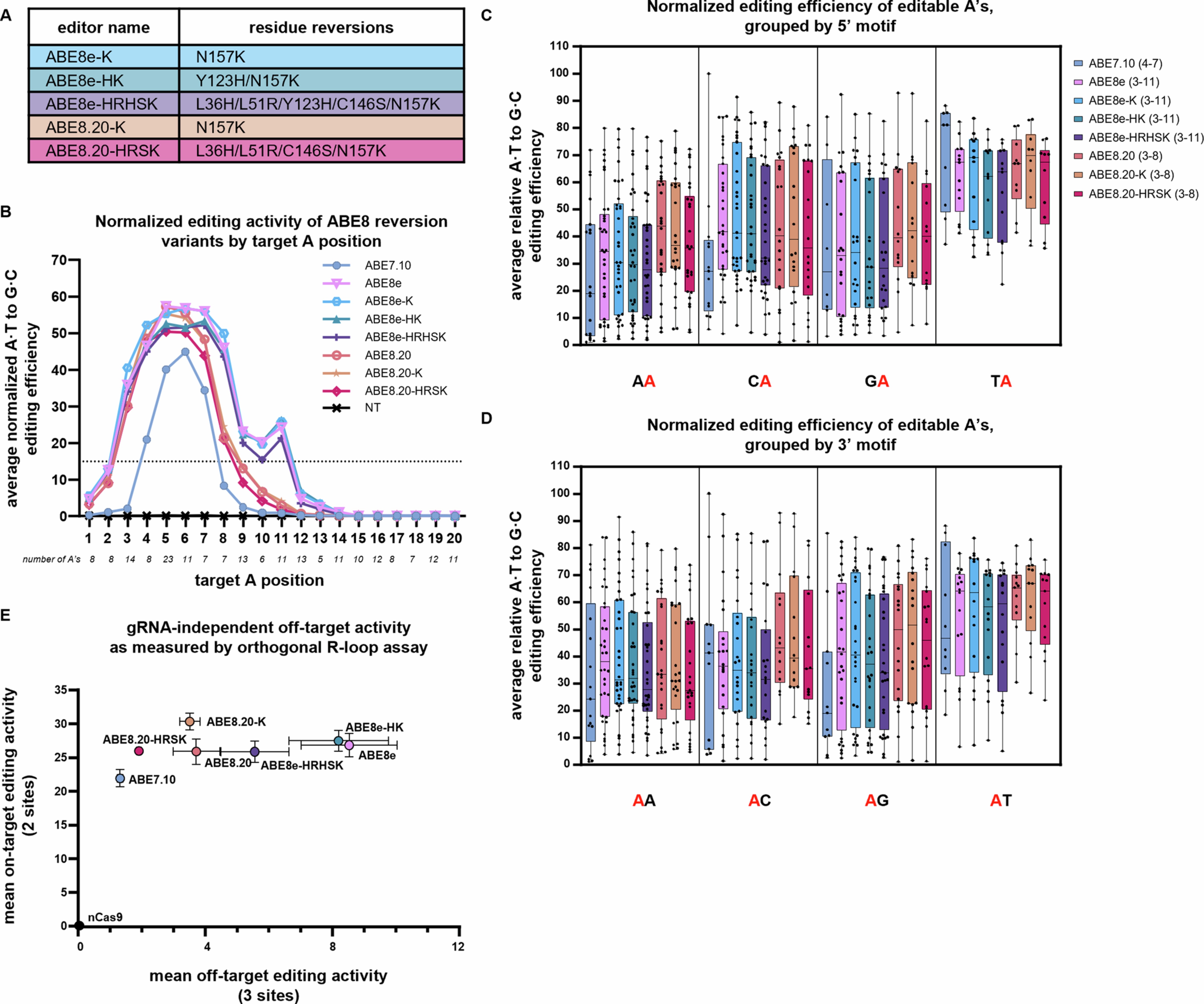 Extended Data Fig. 6: Characterization of ABE8 multi-residue reversion variants in mammalian cells.