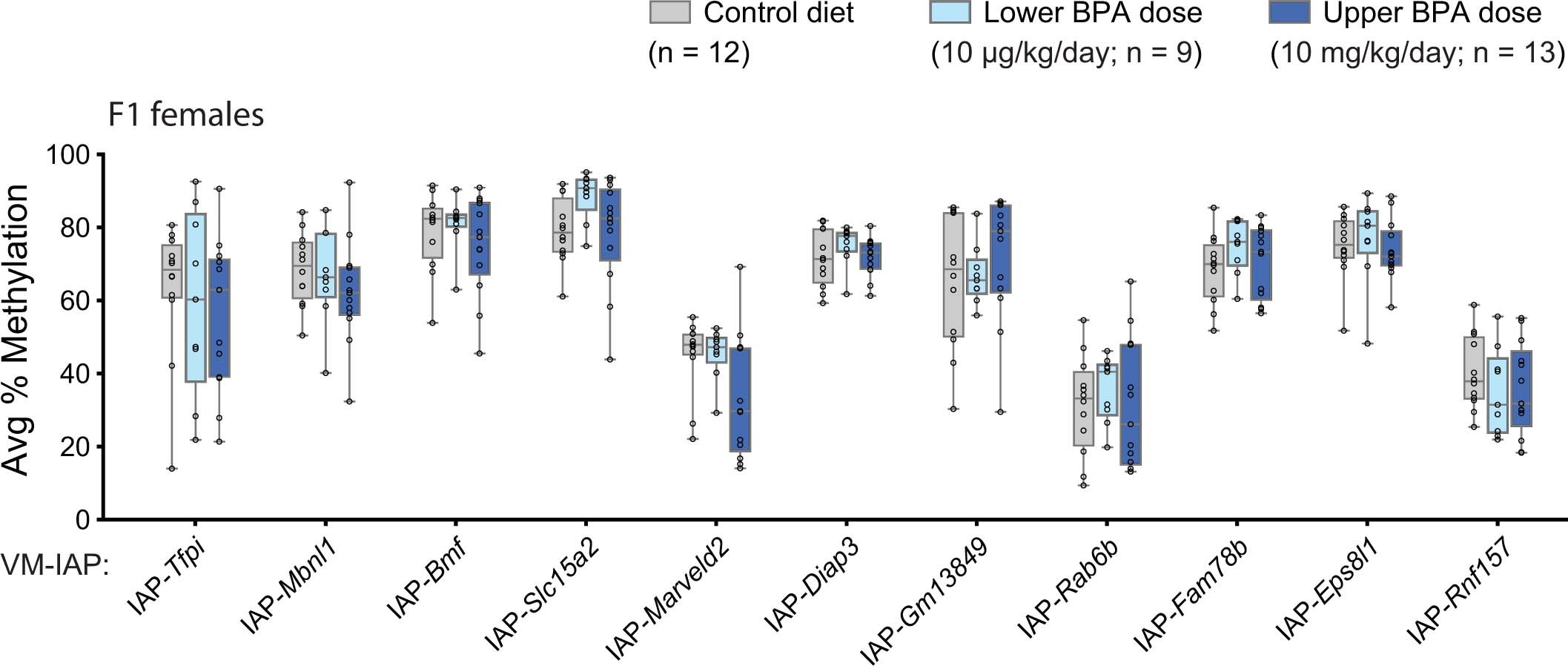 Extended Data Fig. 1: VM-IAP methylation in F1 females is unresponsive to maternal exposure to the endocrine disruptor BPA.