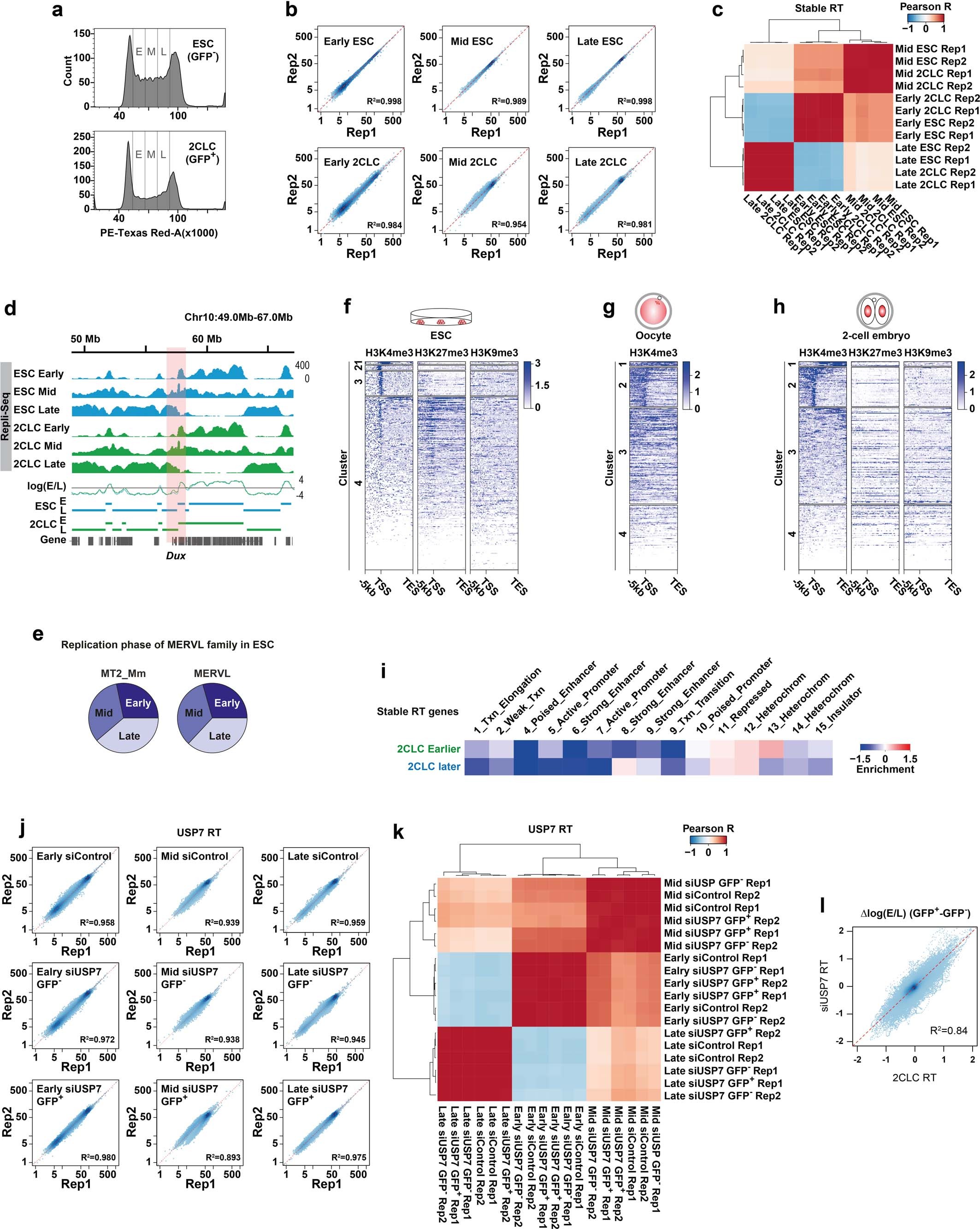 Extended Data Fig. 6: Genome-wide analysis of replication timing (RT) in 2CLCs.