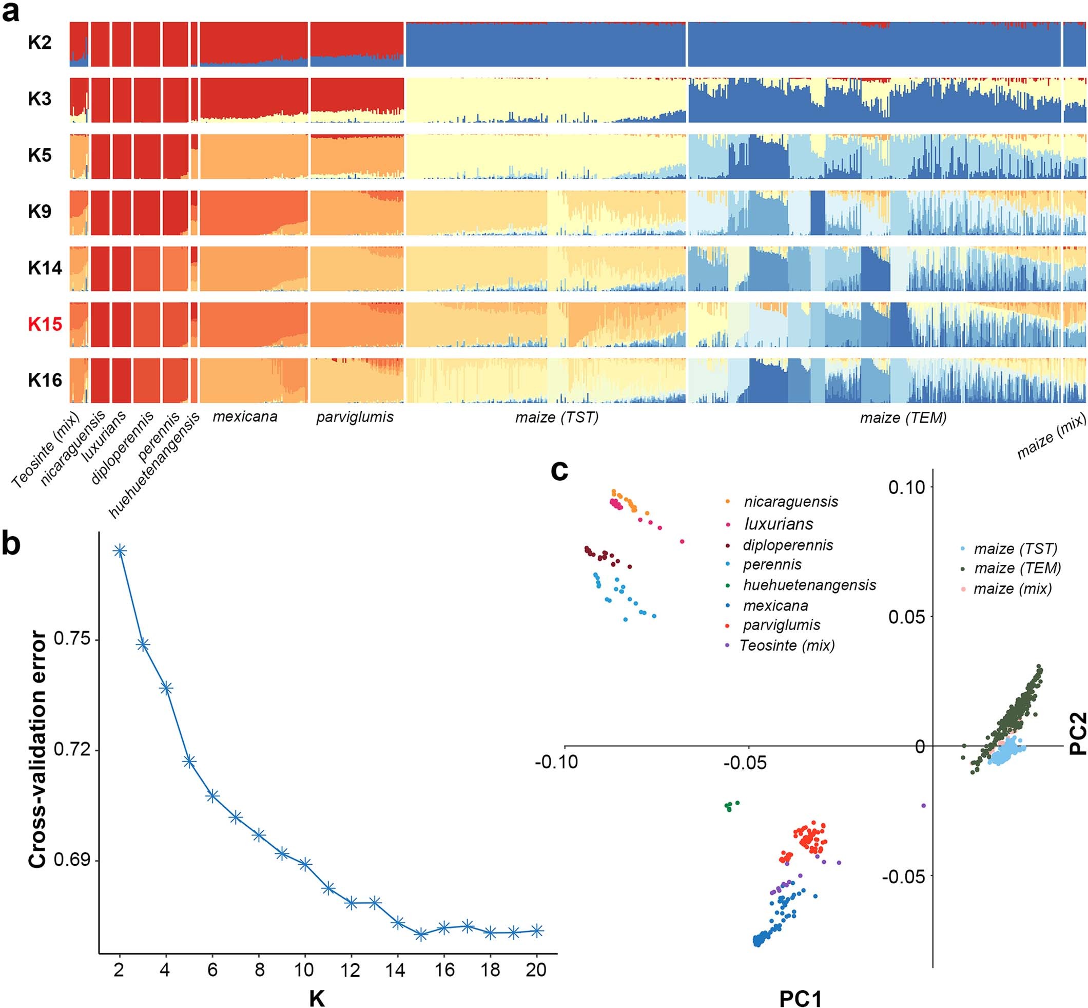 Extended Data Fig. 1: STRUCTURE and principle component analysis (PCA) of 507 maize and 237 teosinte.