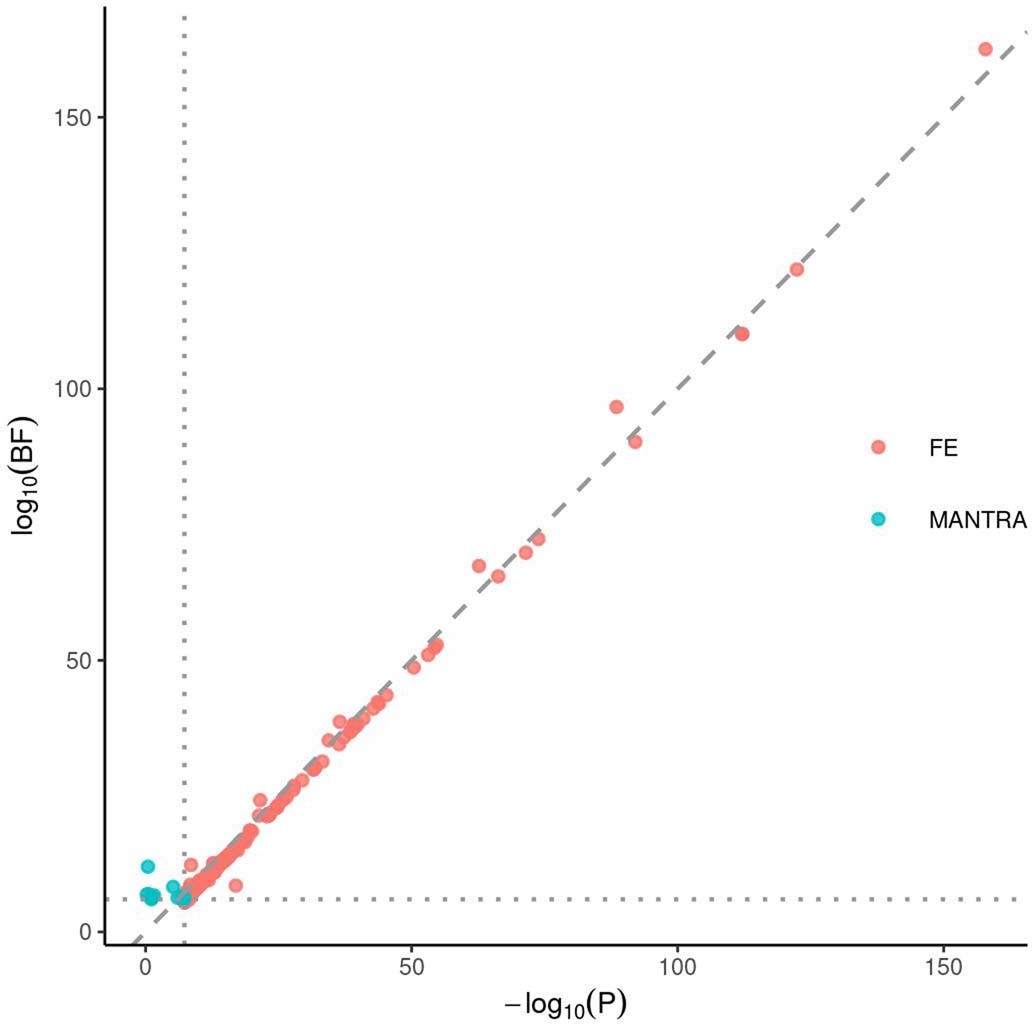 Extended Data Fig. 3: Comparison between the fixed-effect (FE) meta-analysis and MANTRA.