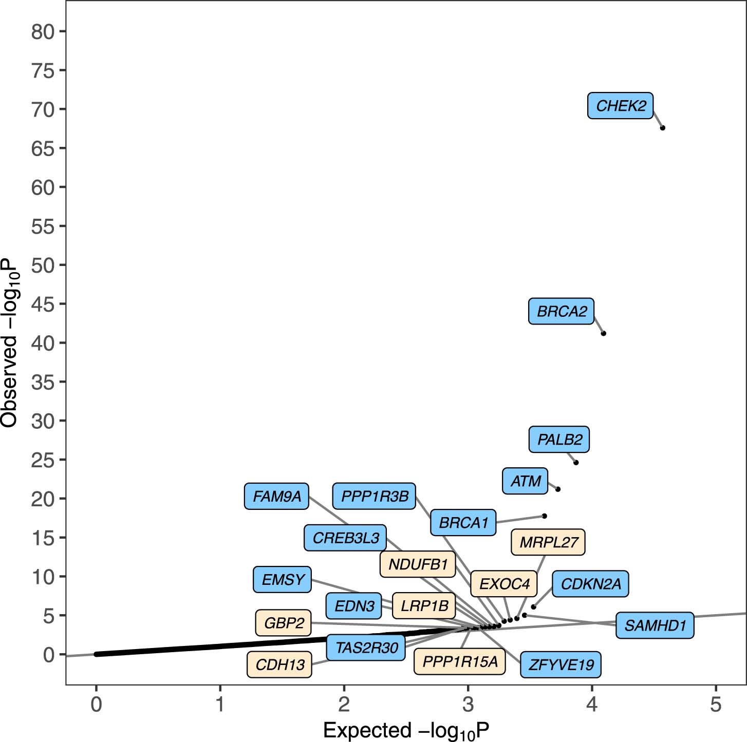 Extended Data Fig. 4: Quantile-quantile plot of P-values from the meta-analysis assessing the association between PTV or deleterious (CADD > 20) rare missense variant carriers by gene and breast cancer risk.