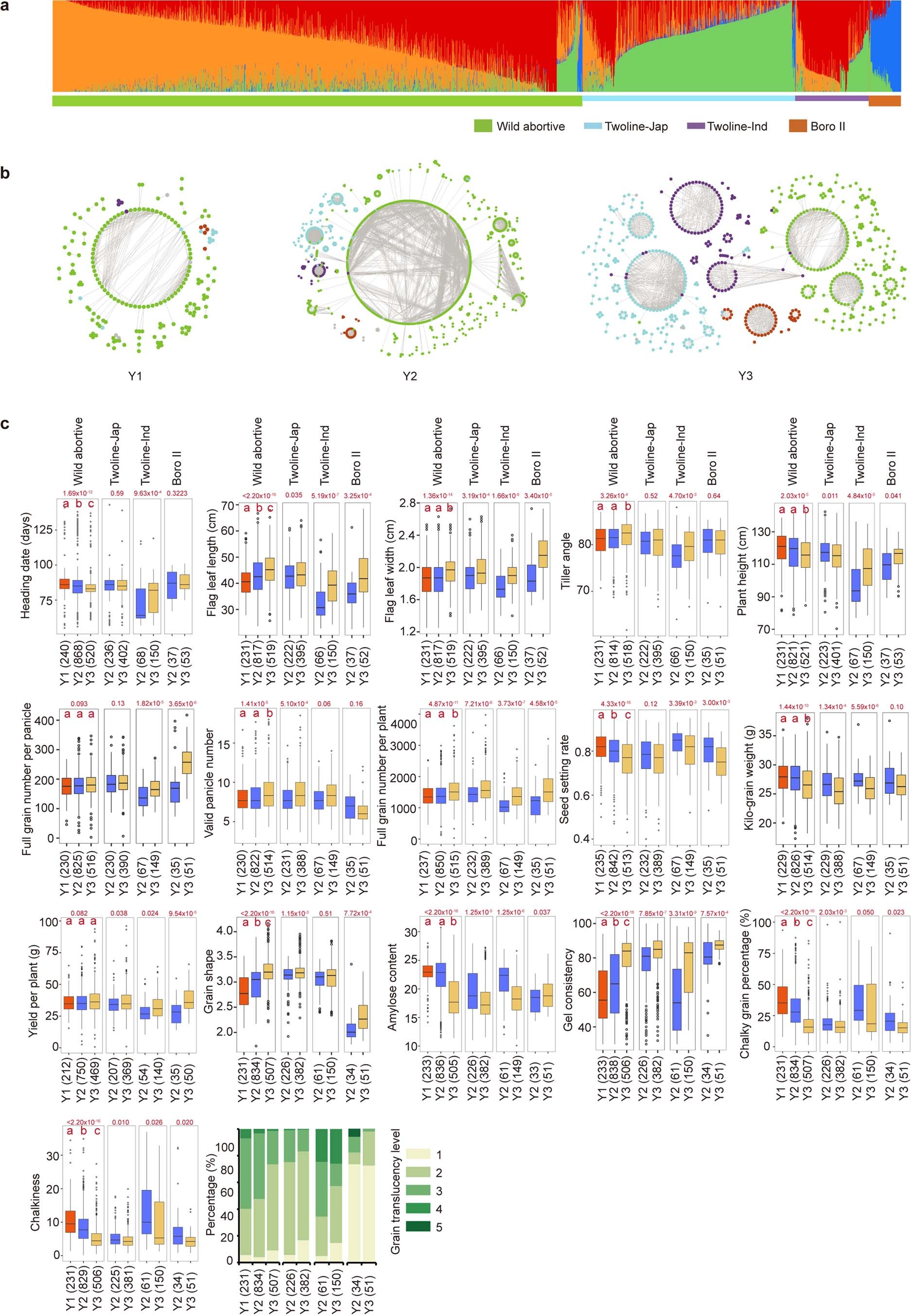 Extended Data Fig. 3: Population structure analysis and phenotypic change within four subgroups during rice hybrid improvement breeding.