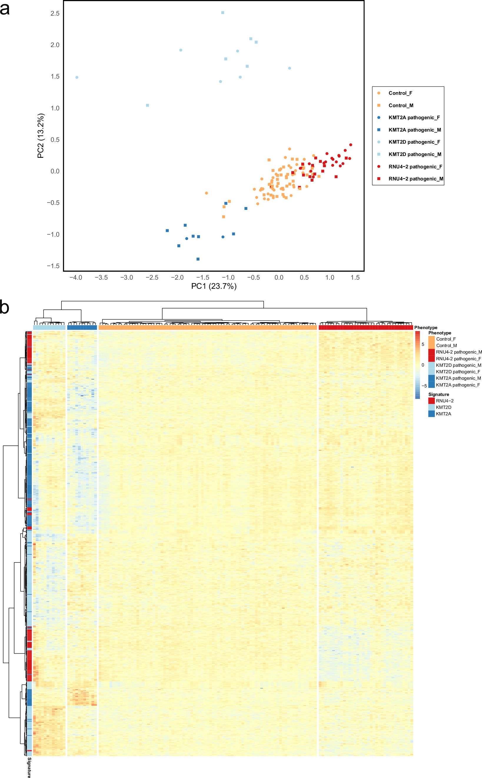 Extended Data Fig. 10: Comparison of RNU4-2, KMT2A and KMT2D episignatures.