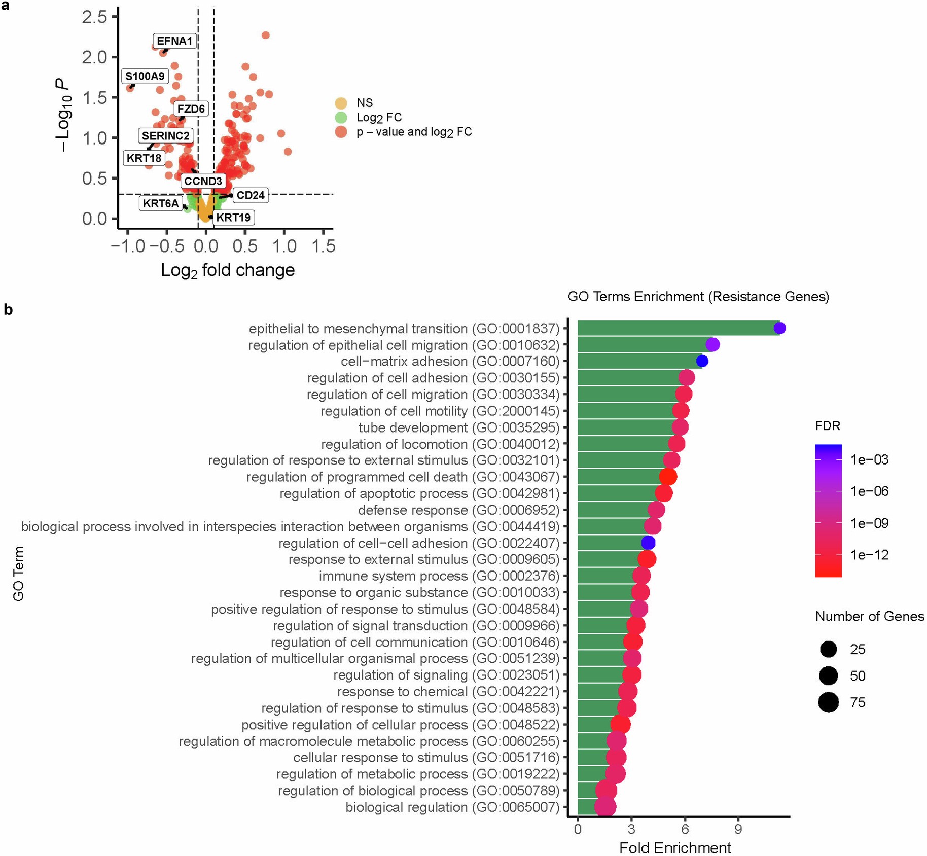 Extended Data Fig. 6: Differential gene expression analysis and Gene Ontology (GO) enrichment analysis for resistance signature.