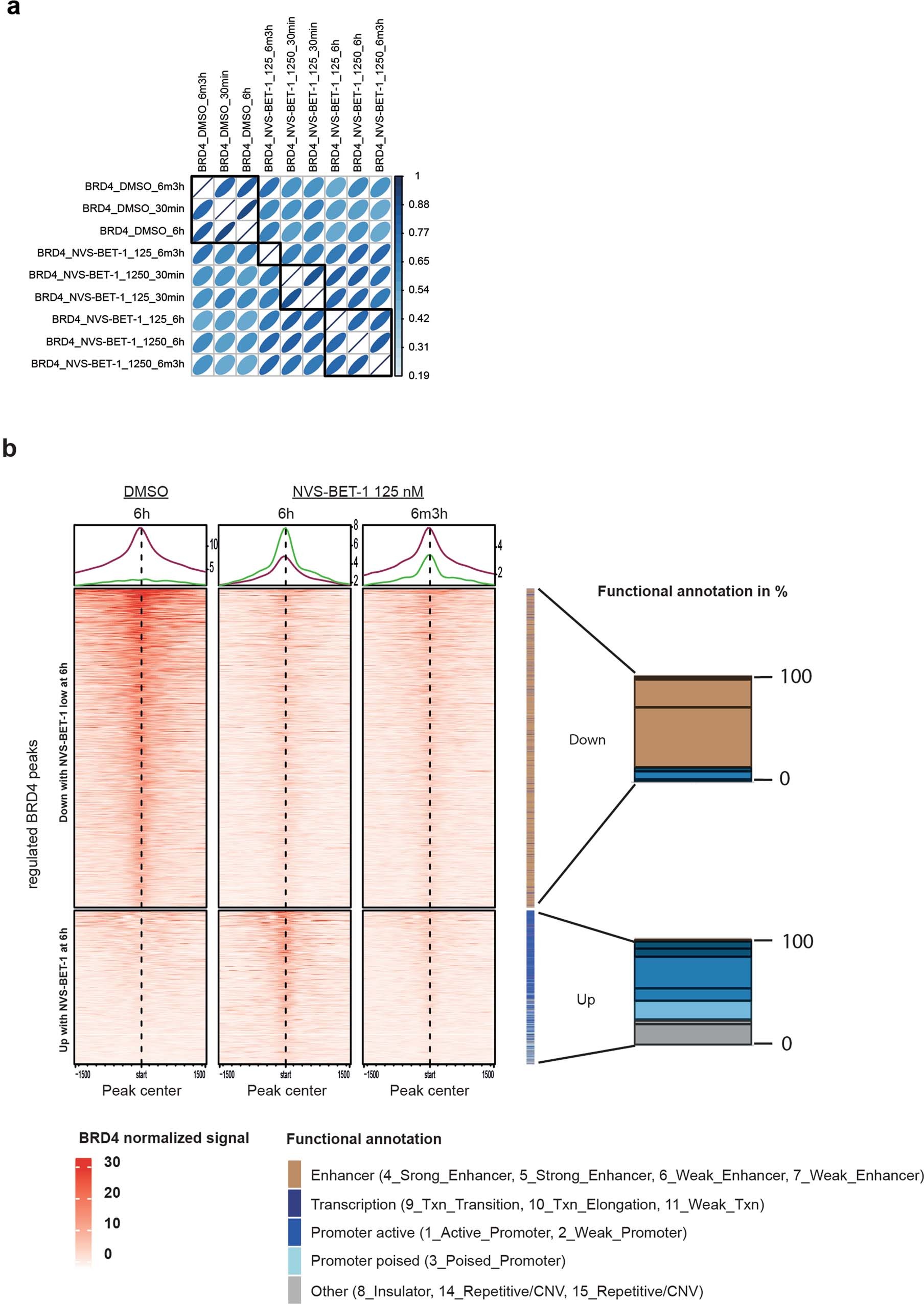 Extended Data Fig. 6: BRD4 occupancy in response to treatment with NVS-BET-1 is highly dynamic.
