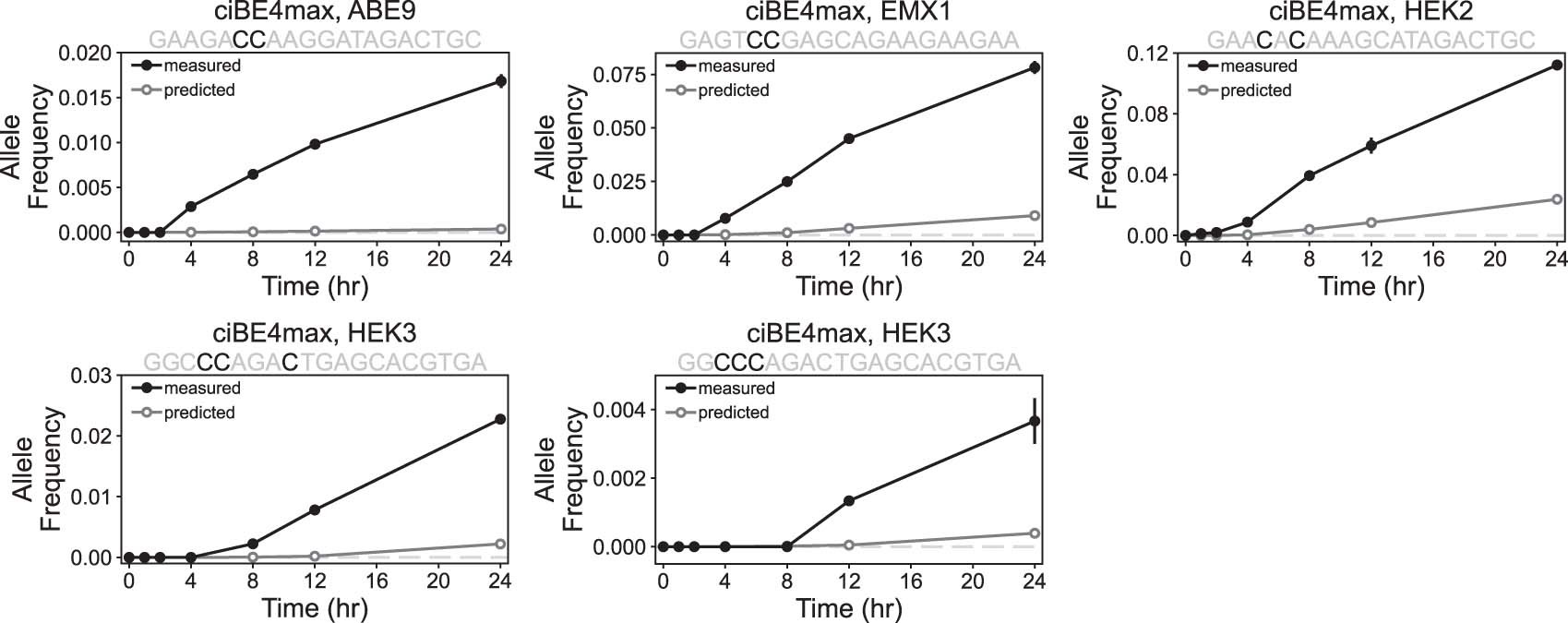 Extended Data Fig. 8: Time course of measured and expected allele frequencies by ciBE4max.