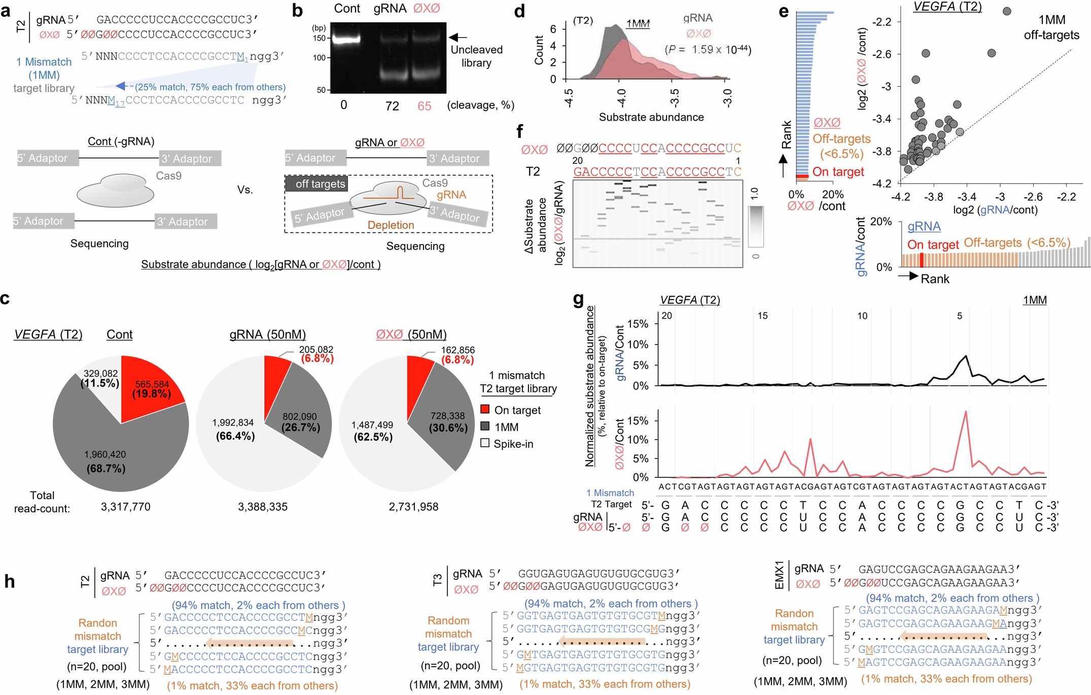 Extended Data Fig. 8: Comparative analyses of off-target sequences between gRNA and ØXØ using random mismatch libraries.