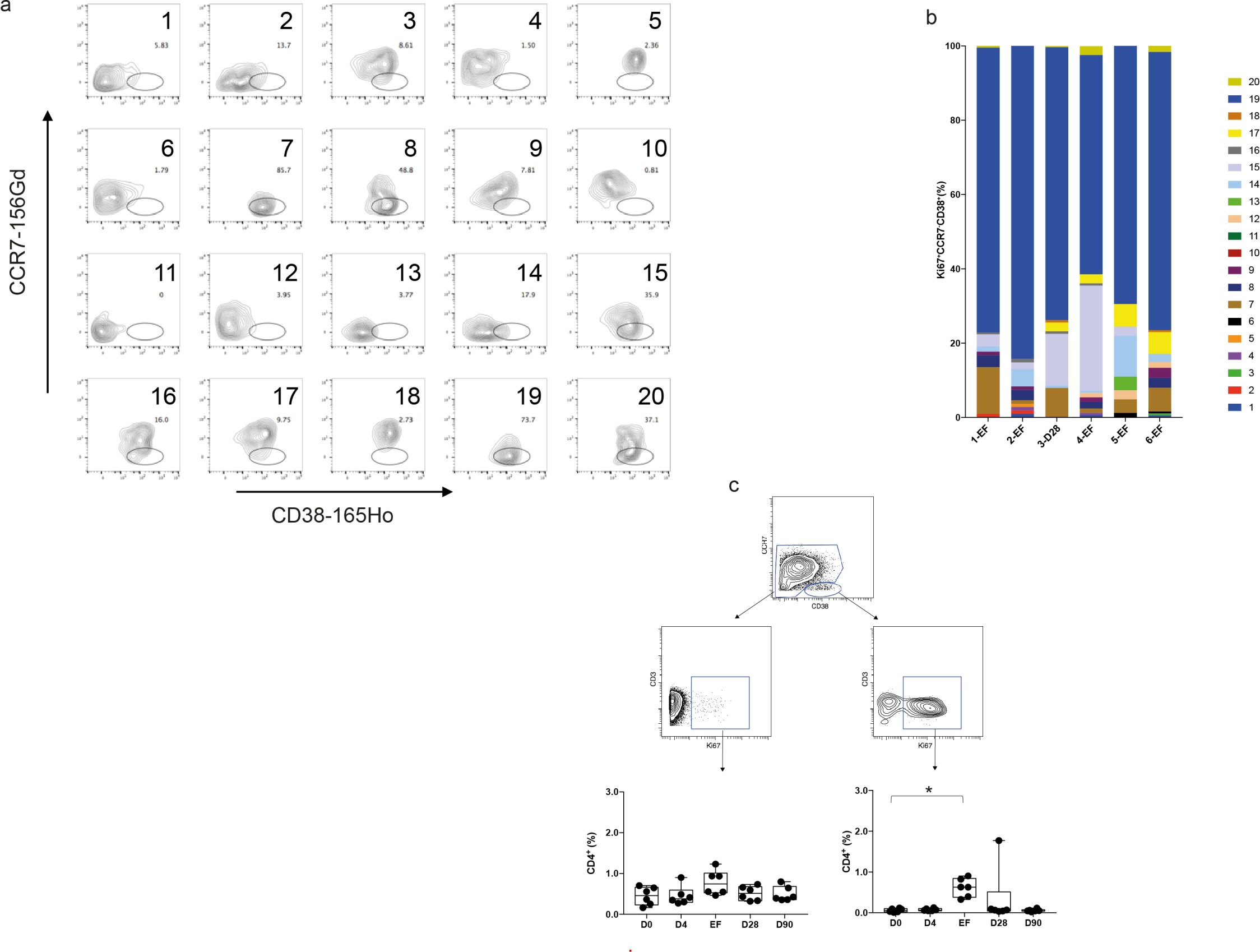 Supplementary Figure 2: CCR7–CD38+CD4+ cells are enriched in Ki67+ accumulating during enteric fever.