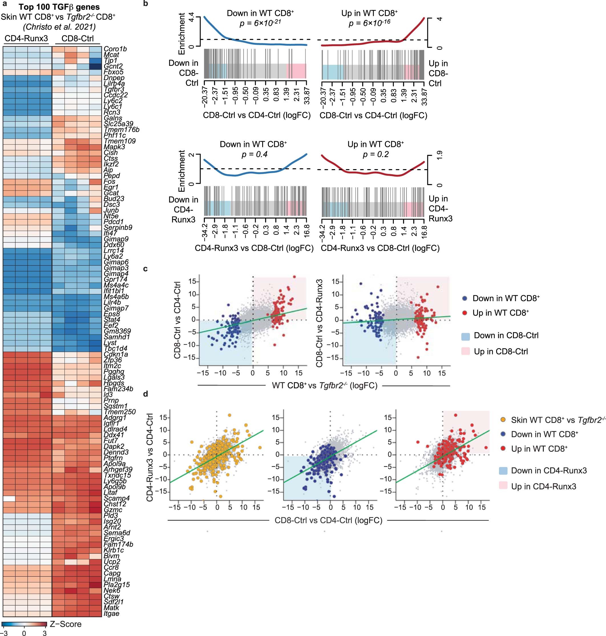 Extended Data Fig. 6: Runx3 induces expression of TGF-β-regulated genes in CD4+ T cells.