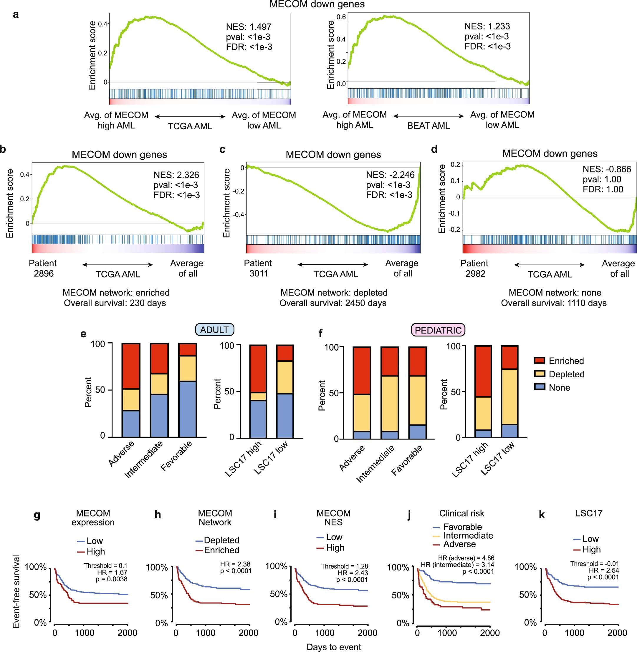 Extended Data Fig. 7: MECOM down gene network enrichment is independently associated with overall and event-free survival.
