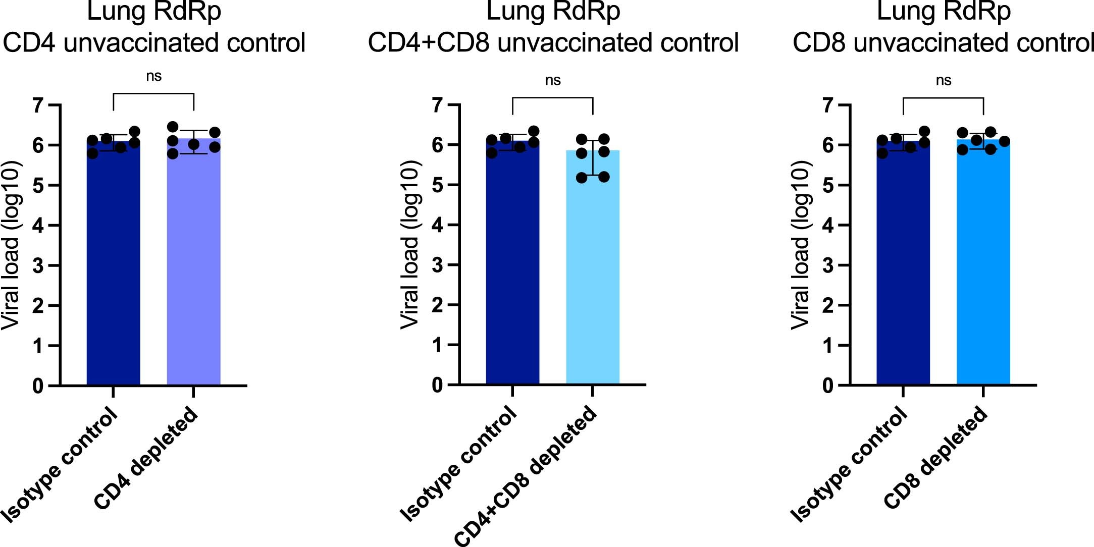 Extended Data Fig. 7: SARS-CoV-2 RNA-dependent RNA polymerase (RdRp) level in CD4 and/or CD8 antibody depleted mice.