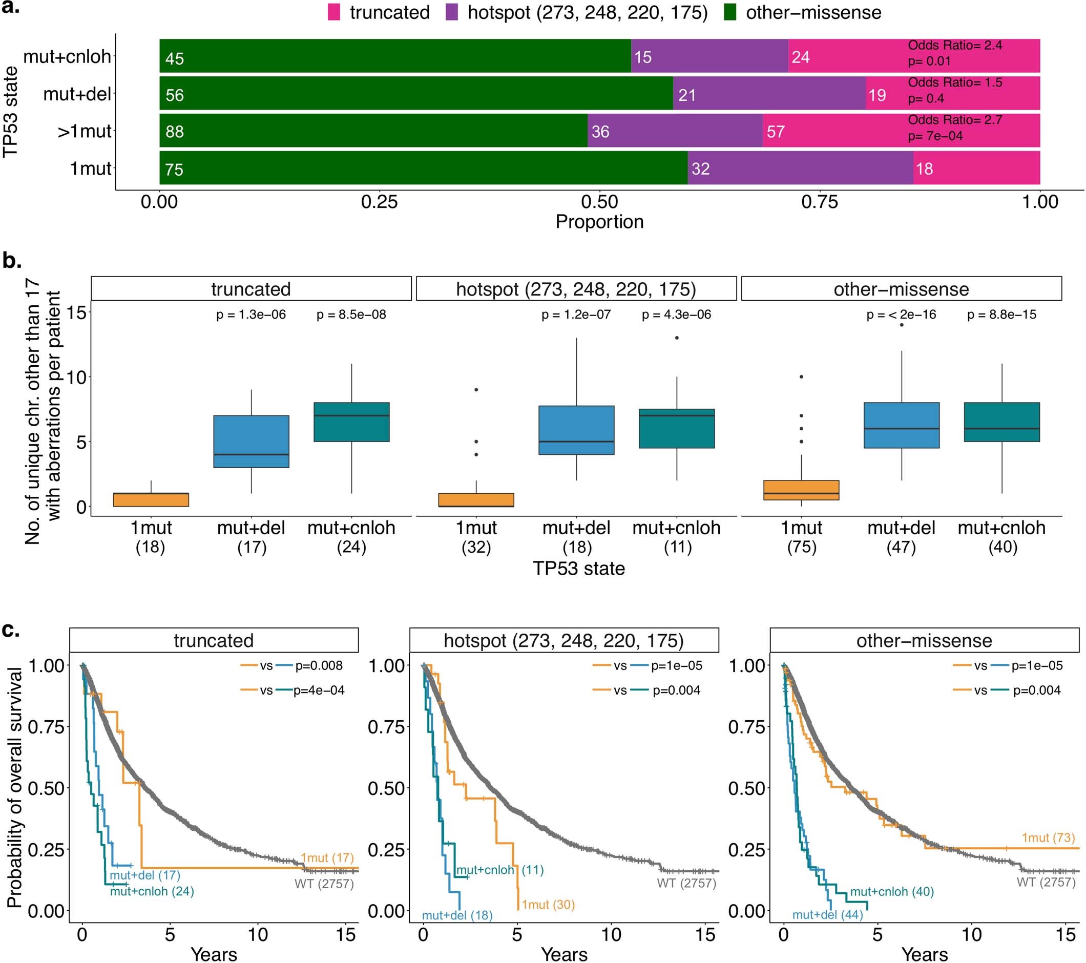 Extended Data Fig. 8: Maintained differences in genome instability levels and outcomes between TP53 states per mutation type.