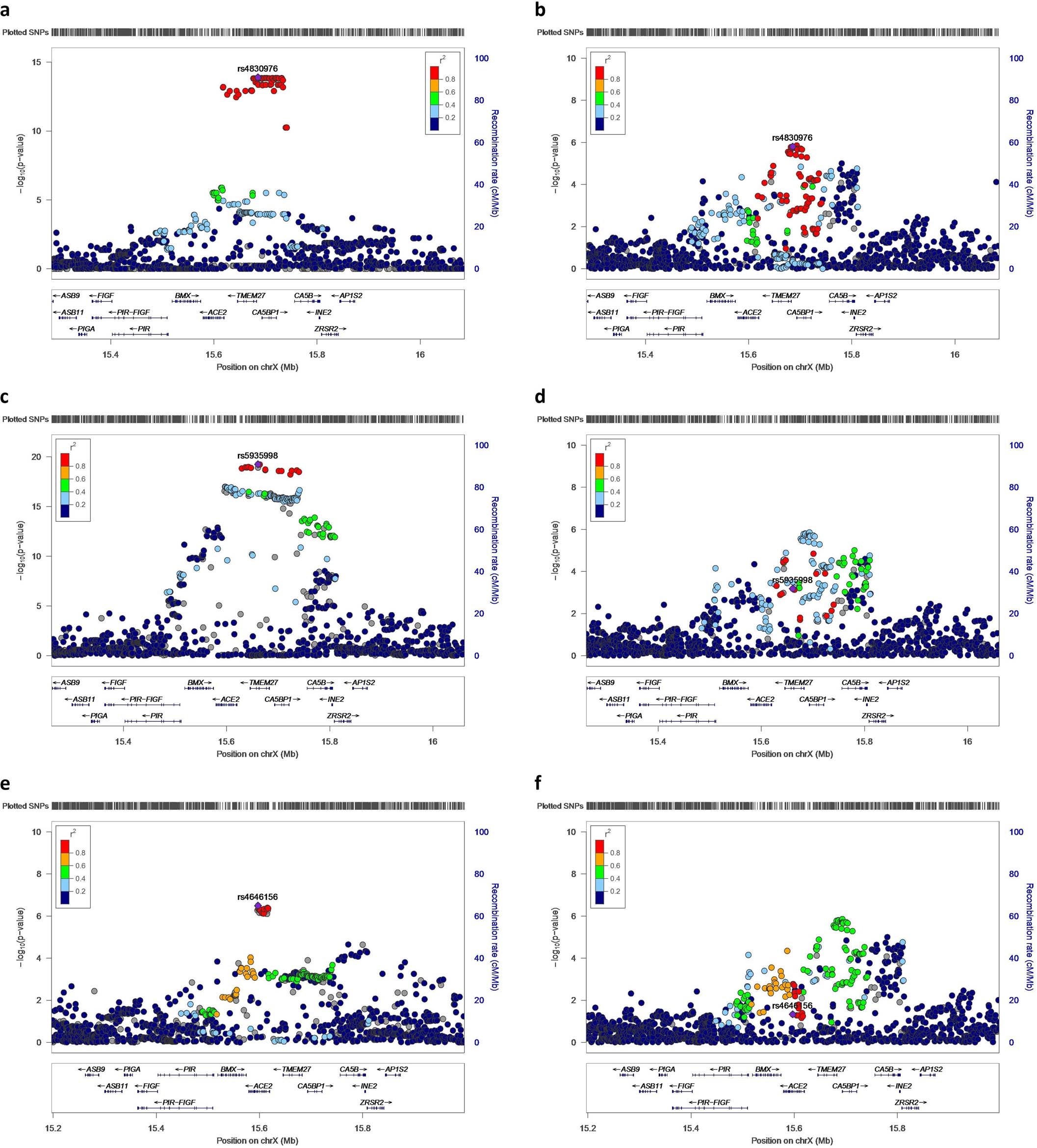 Extended Data Fig. 3: Regional association plots for cis-variants associated with ACE2 gene expression or ACE2 plasma protein levels, and their association with COVID-19 hospitalization.