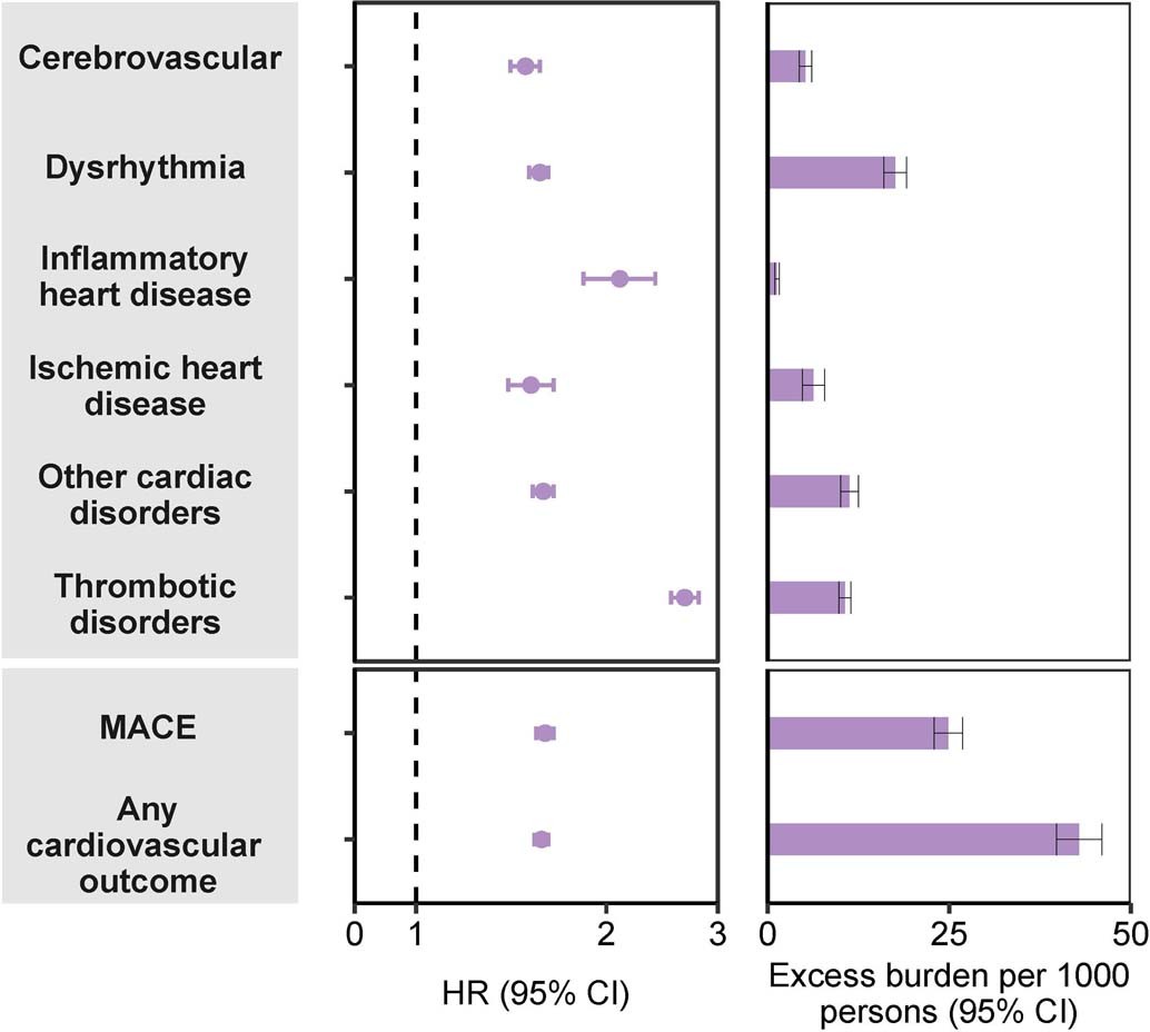 Extended Data Fig. 5: Risks and 12-month burdens of incident post-acute COVID-19 composite cardiovascular outcomes compared to the historical control cohort.