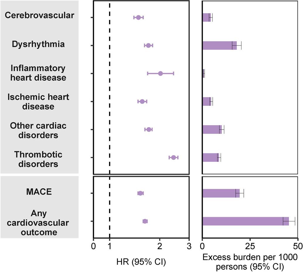 Extended Data Fig. 3: Risks and 12-month burdens of incident post-acute COVID-19 composite cardiovascular outcomes in participants without any history of cardiovascular outcomes prior to COVID-19 exposure compared to the contemporary control cohort.