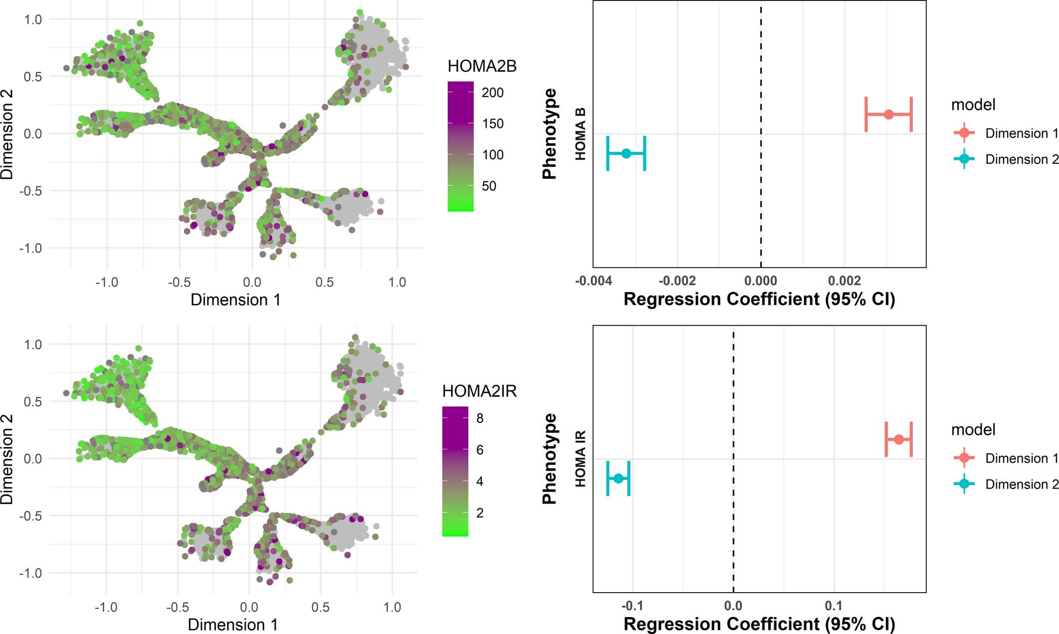 Extended Data Fig. 5: Distribution of measured beta-cell function and insulin resistance across the tree.