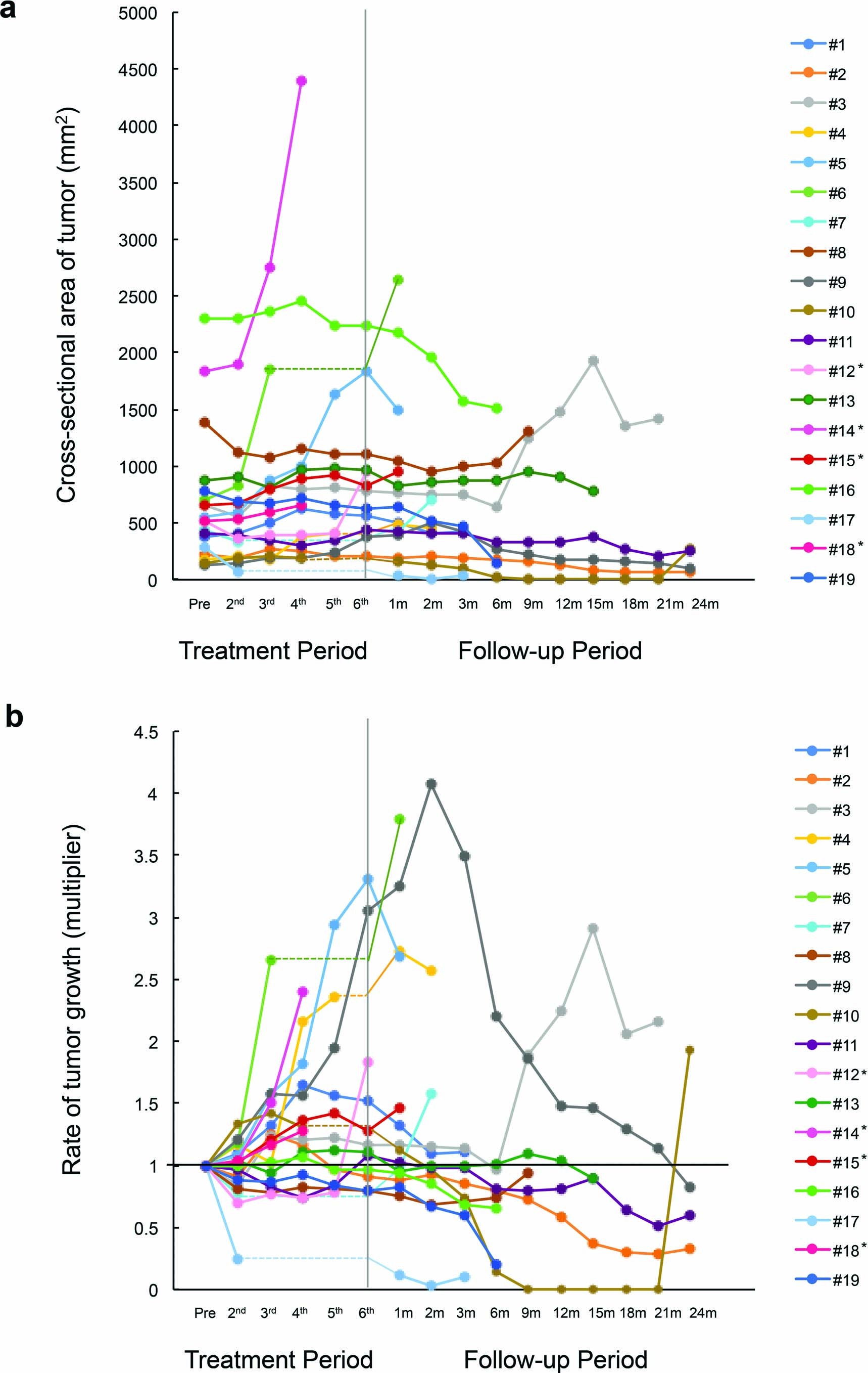 Extended Data Fig. 4: Time course of cross-sectional area of the target lesion of individual patients.