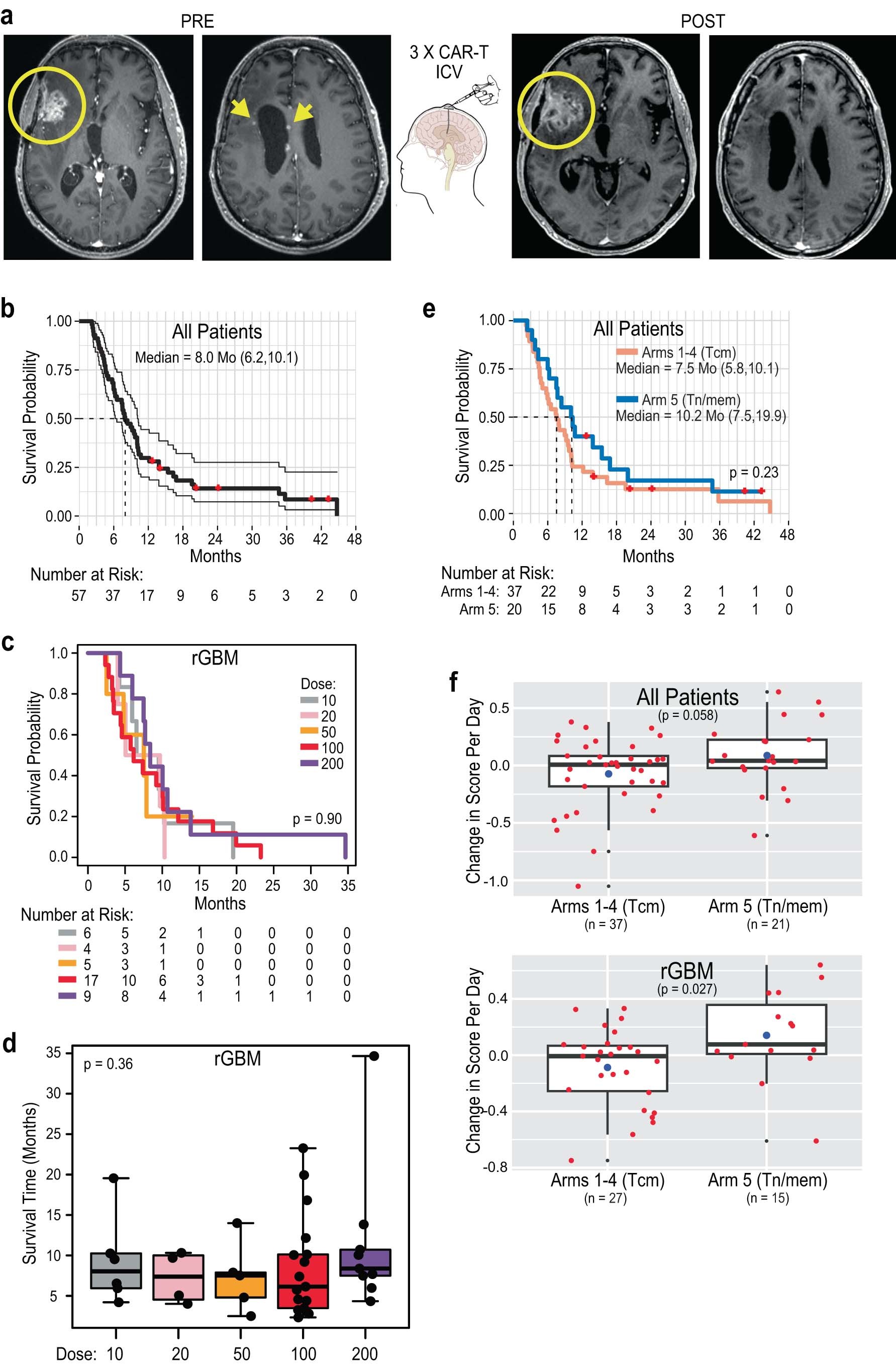 Extended Data Fig. 1: Effect of ICV delivered CAR-T cells for UPN145 and patient overall survival and quality-of-life evaluations.