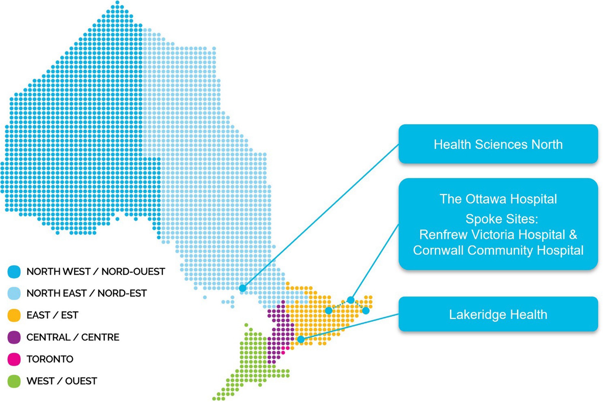 Extended Data Fig. 1: Locations of Ontario Pilot lung cancer screening sites.