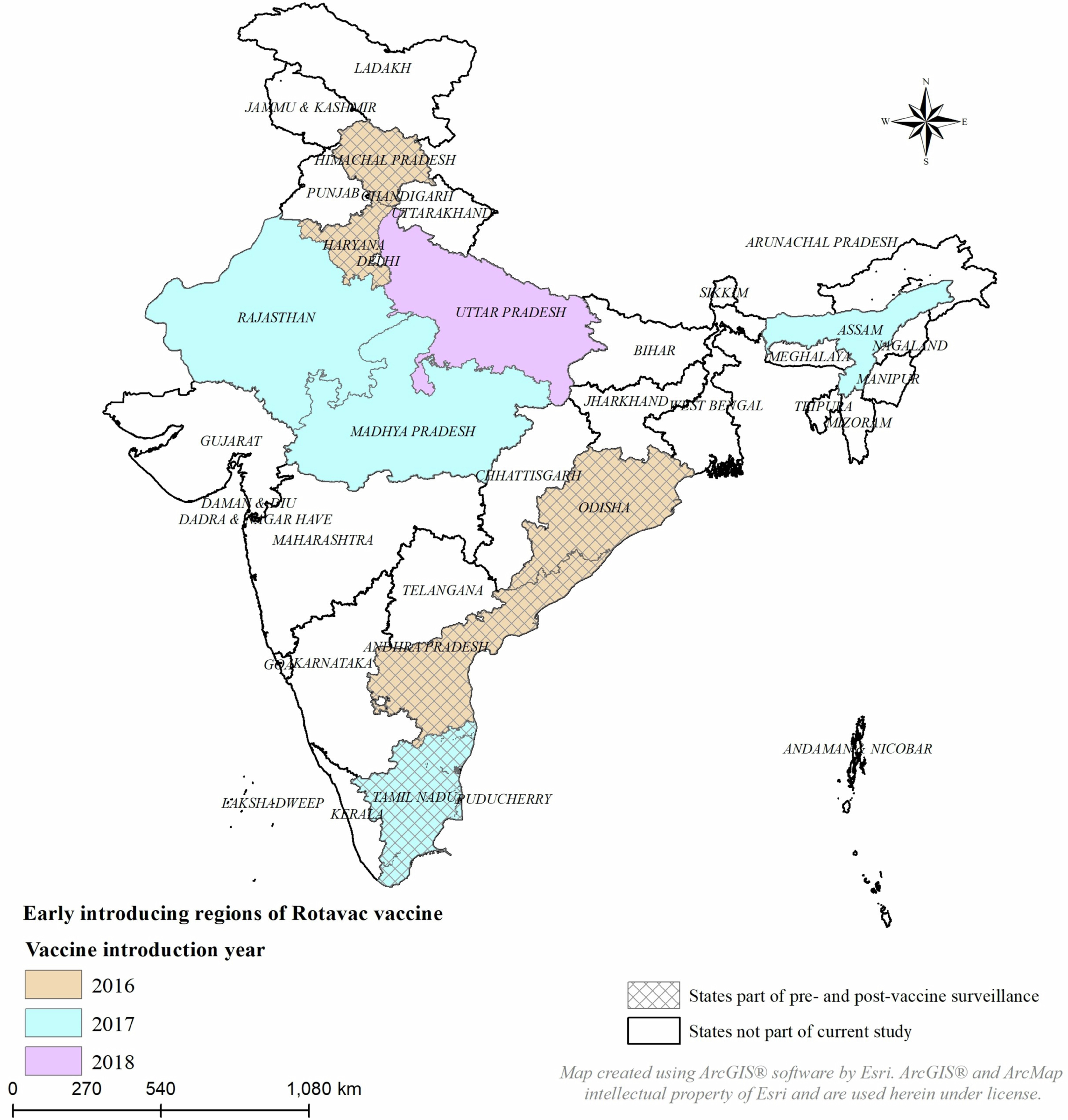 Extended Data Fig. 1: Map of India showing the phased introduction by states of RotavacTM vaccine in the Universal Immunization Program in India from 2016 to 2018.