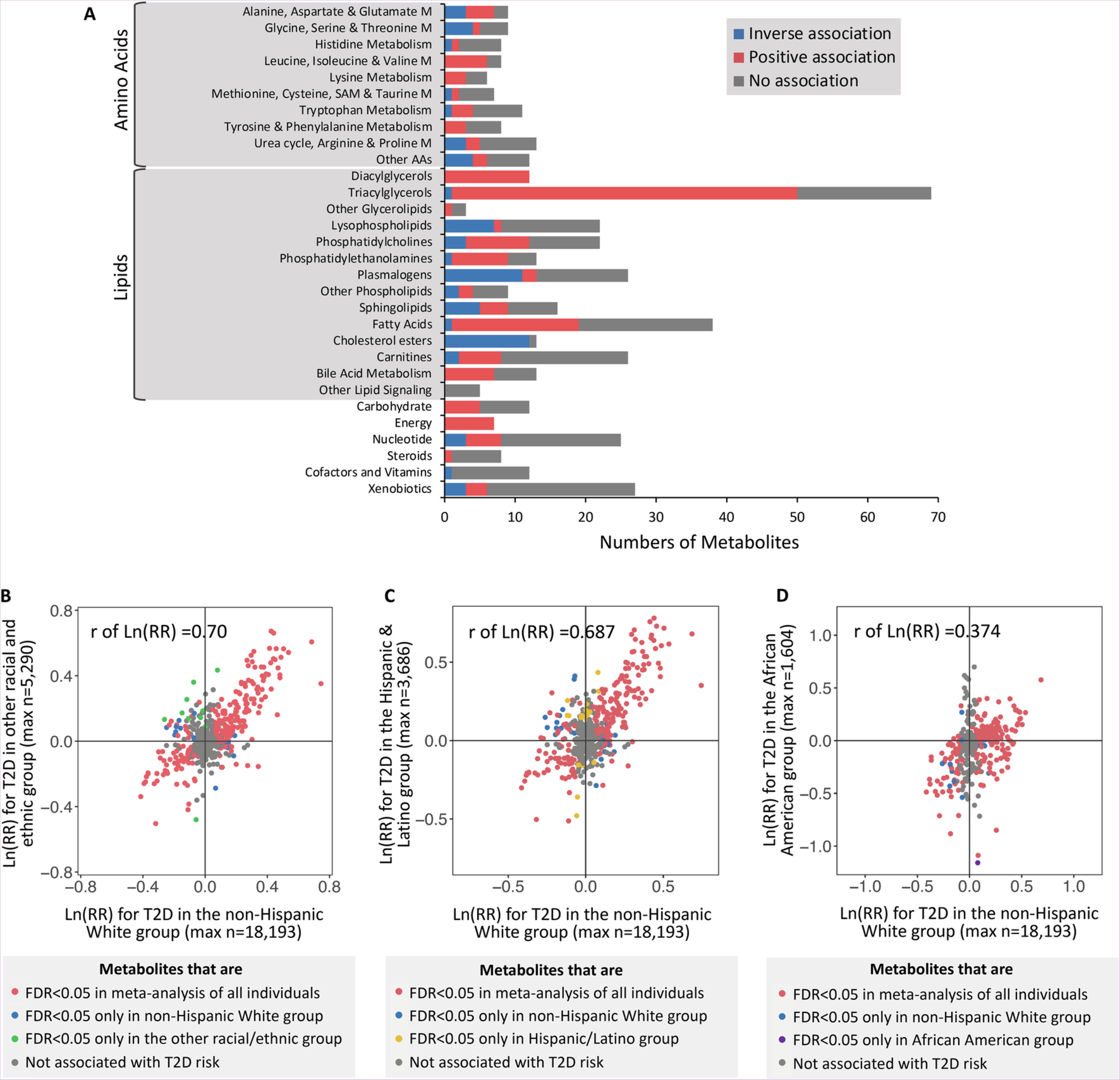 Extended Data Fig. 1: Biochemical categories of the 469 analyzed metabolites, and their associations with incident T2D comparing non-Hispanic White individuals vs. individuals of other races and ethnicities.